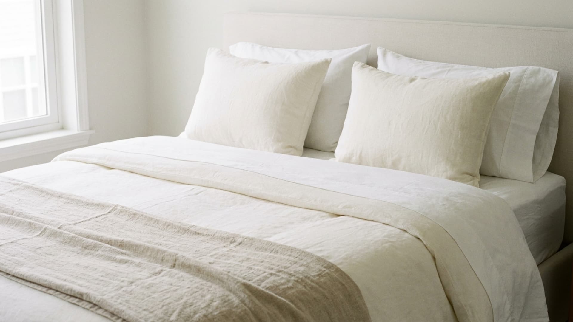 neatly made guest bed with white sheets, ivory duvet, plain pillow cases, and linen throw