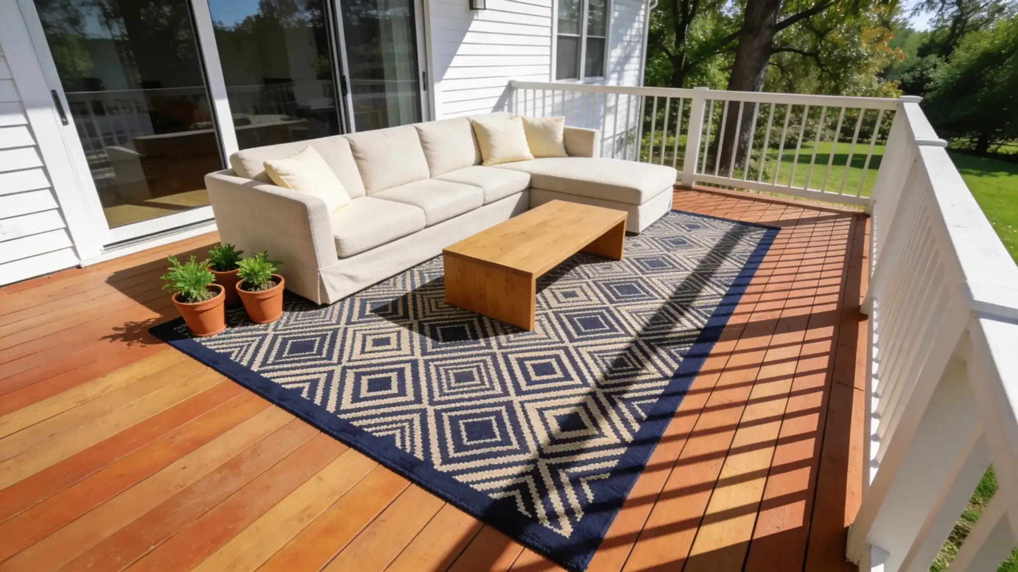outdoor deck with patterned terracotta rug anchoring neutral linen sofa and teak coffee table