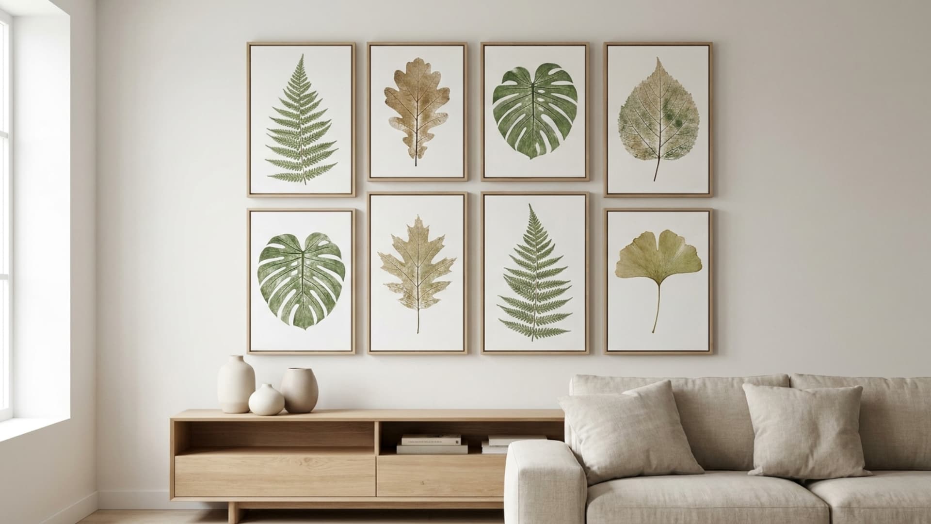 leaf print canvas art with natural botanical impressions in green and brown tones