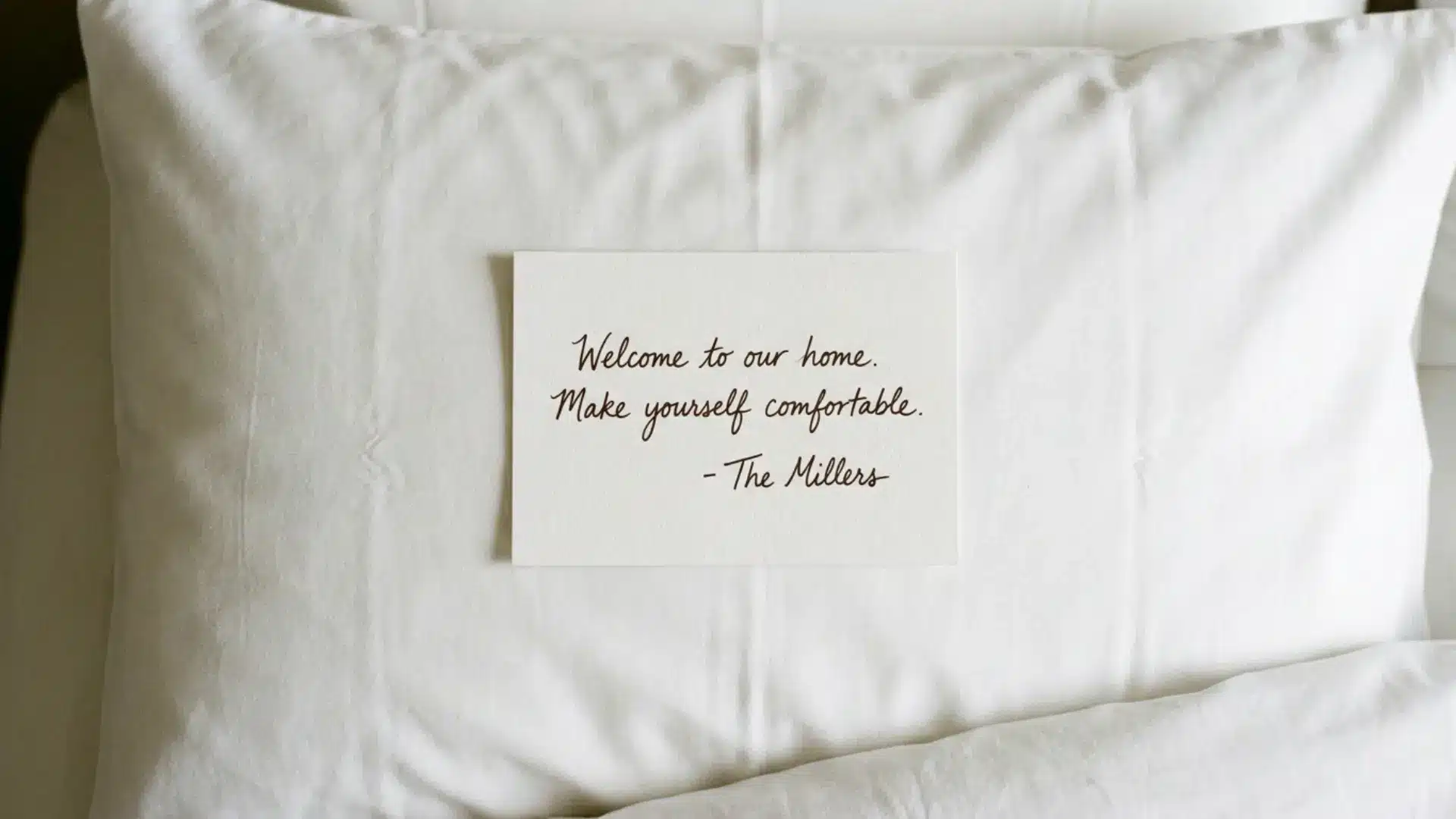 overhead view of small handwritten welcome note card centered on crisp white guest pillow