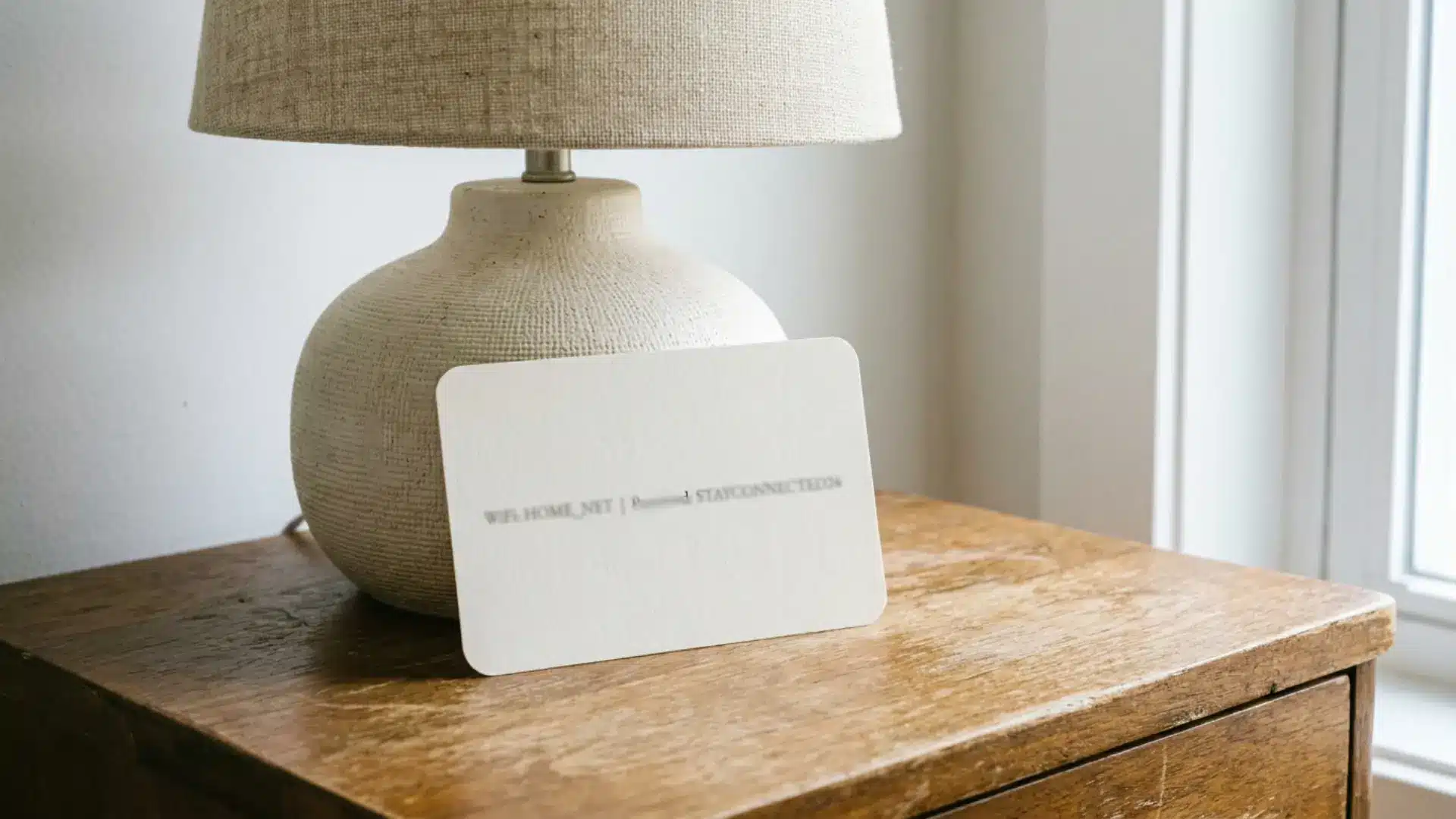small white wifi password card propped against ceramic lamp base on wooden nightstand