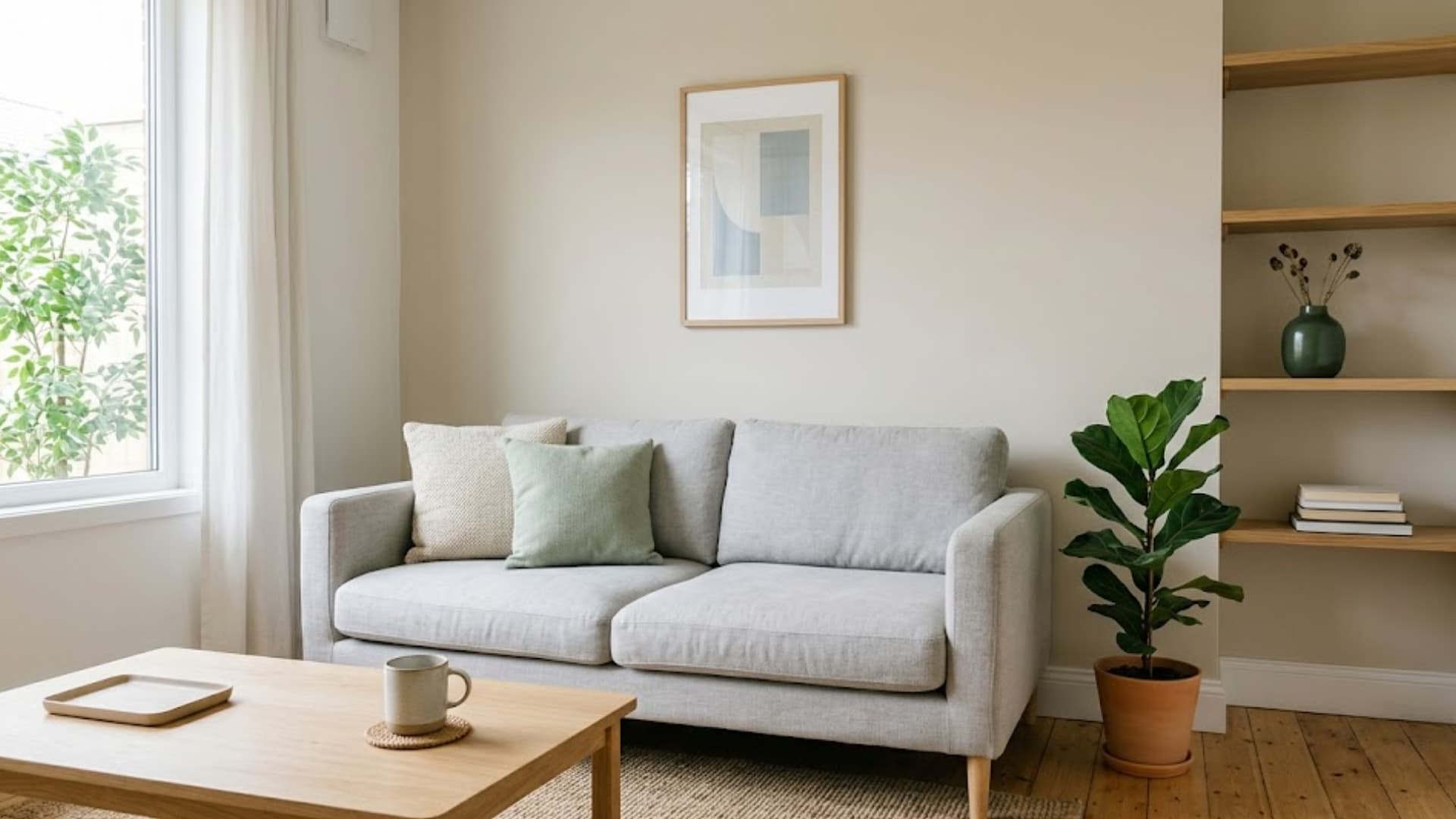 minimalist living room with a light gray sofa, single potted plant, framed art piece, and clean wooden shelves