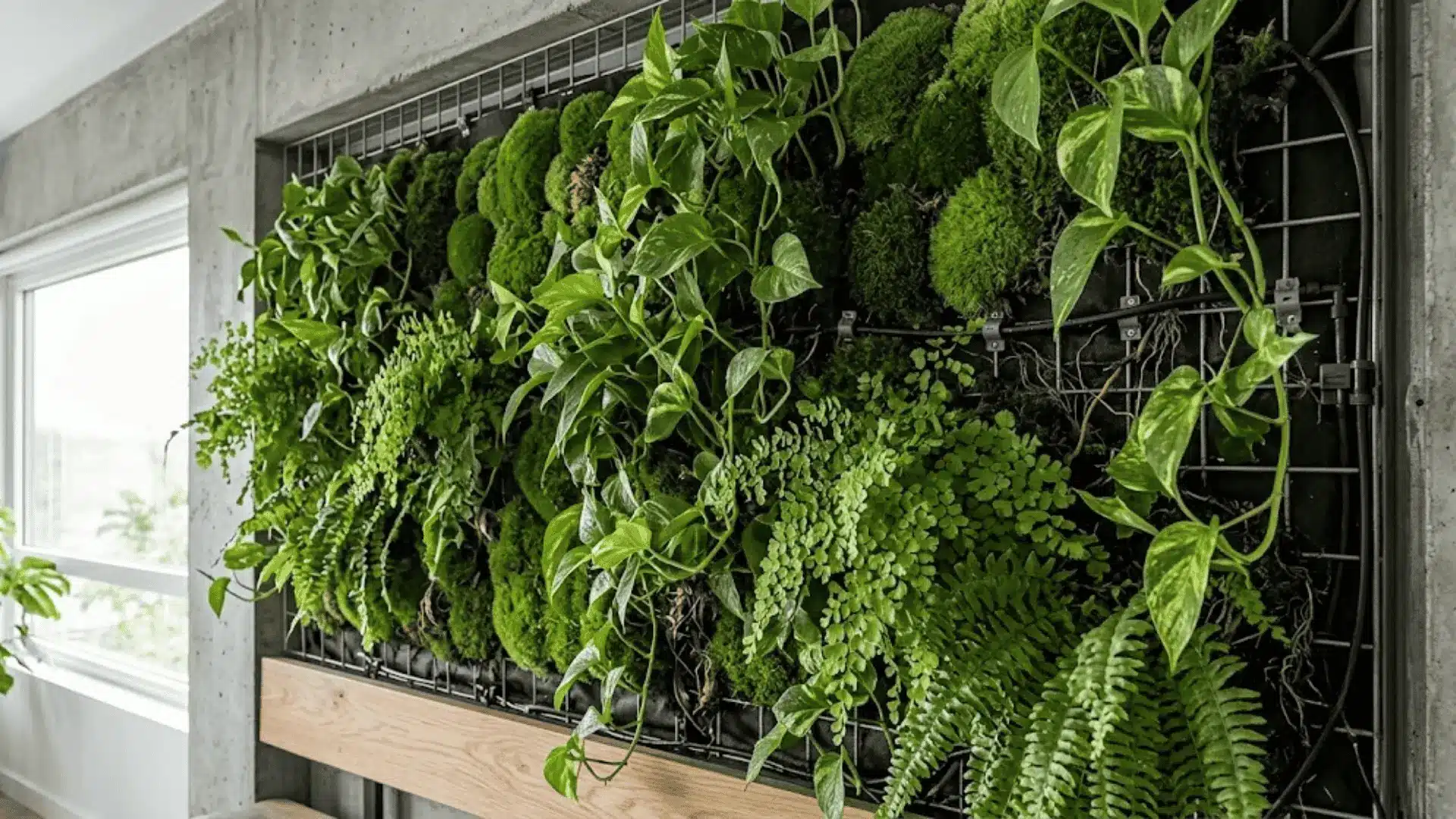 close-up of a living green wall with moss, ferns, and trailing pothos in a modern interior