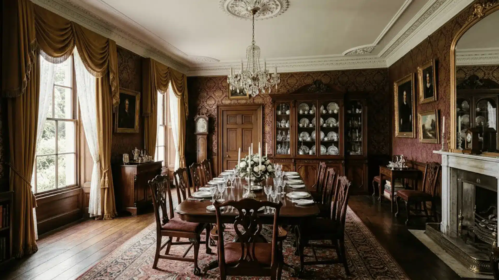 victorian dining room with mahogany table, crystal chandelier, china cabinet, and burgundy damask walls