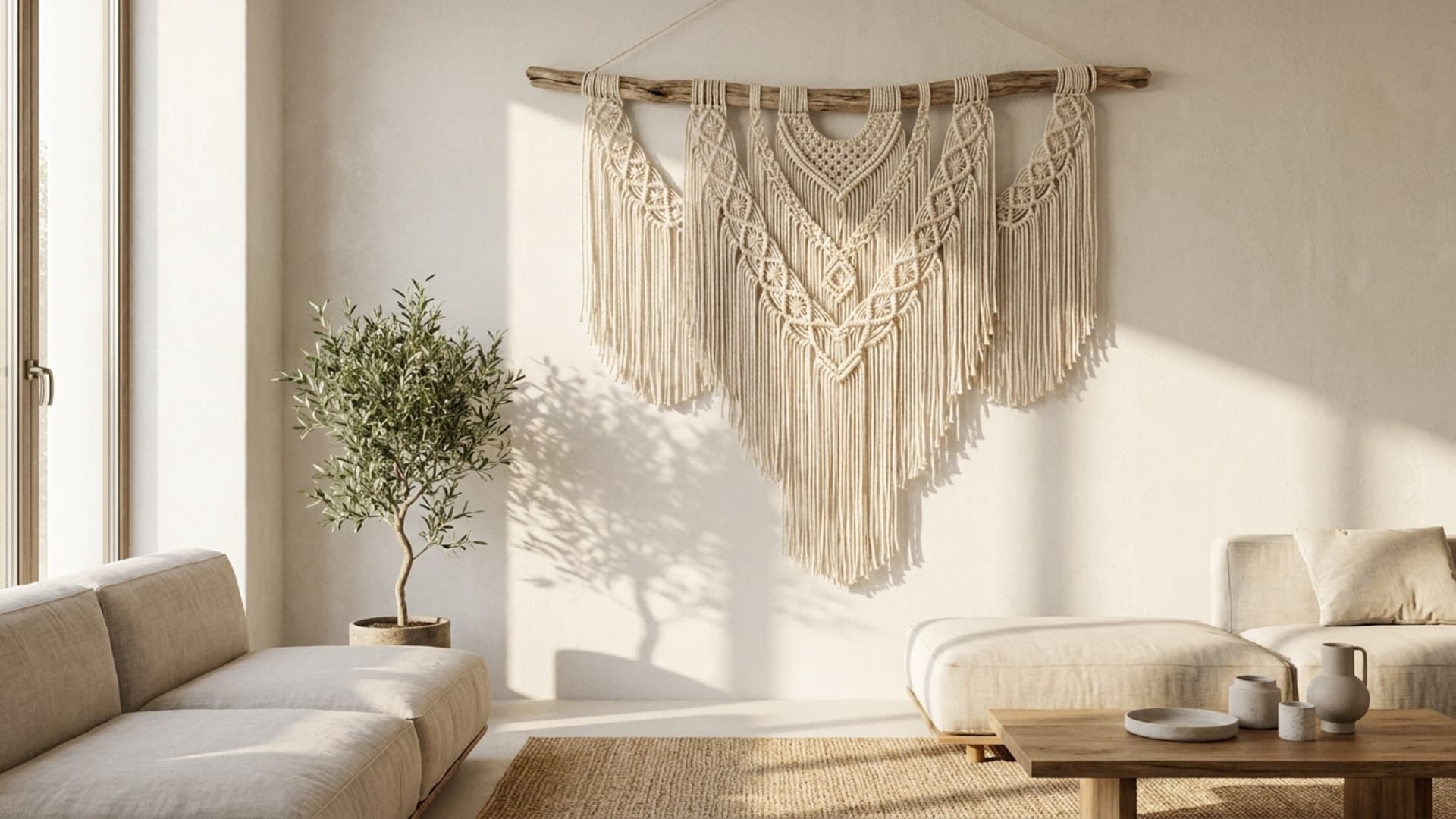 macrame wall hanging with fringe detail mounted above bed on white wall