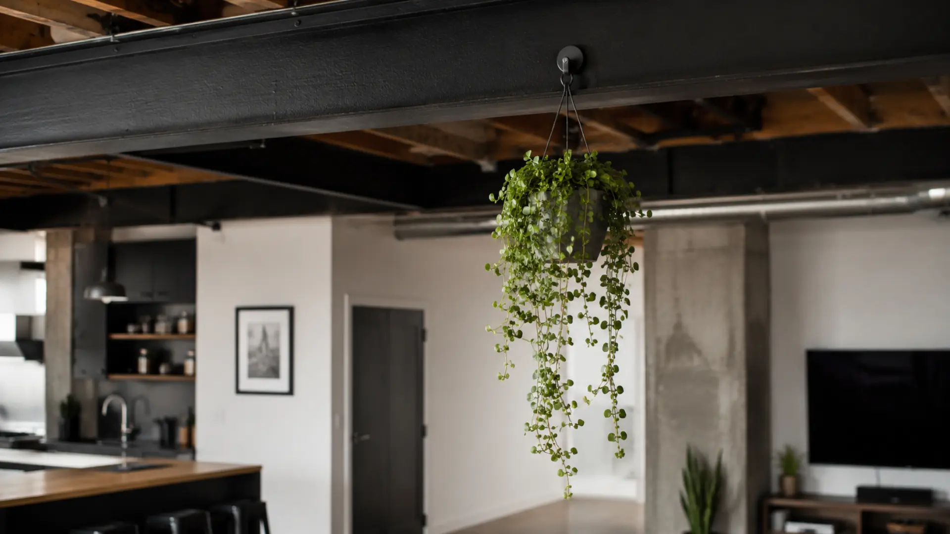 a trailing green plant hanging from a magnetic hook on a dark steel ceiling beam in an industrial loft