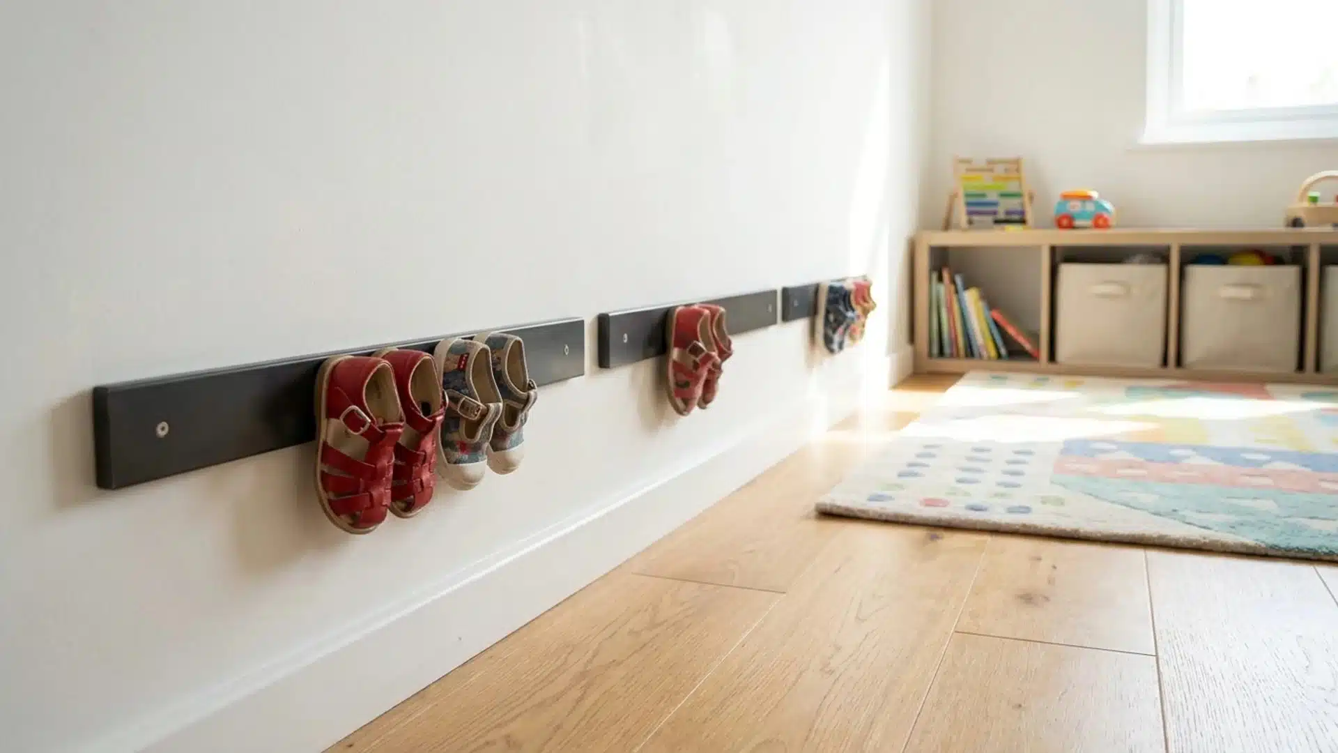 wall mounted shoe rack displaying various pairs of shoes organized neatly for easy access and storage