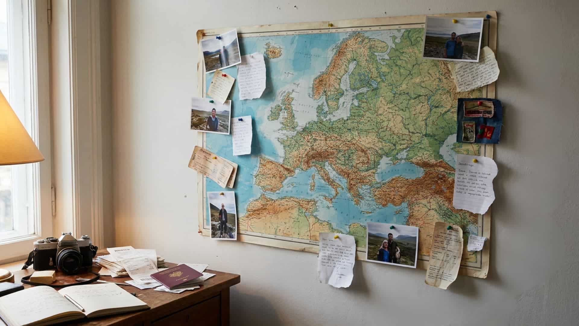 map and travel memory collage with pins and photos on large world map wall display