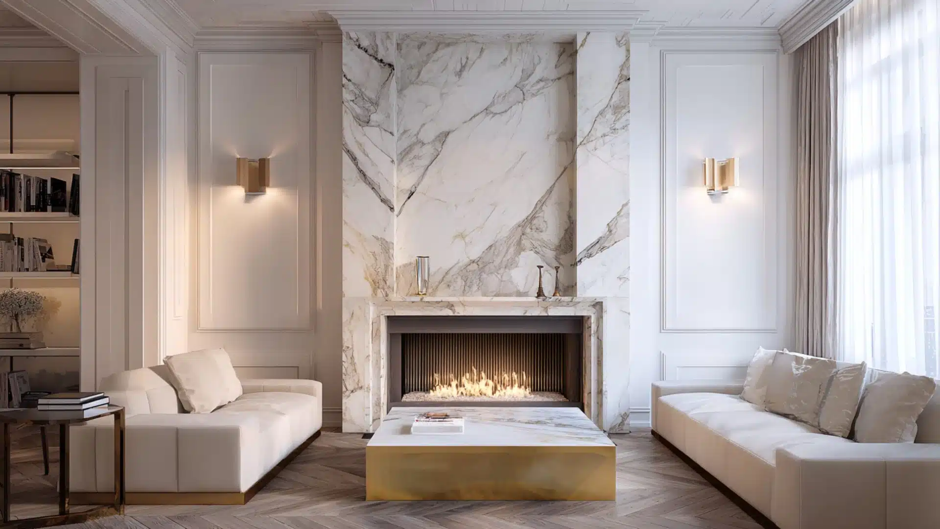 a cozy living room featuring a marble fireplace and elegant white furniture creating a bright and inviting atmosphere