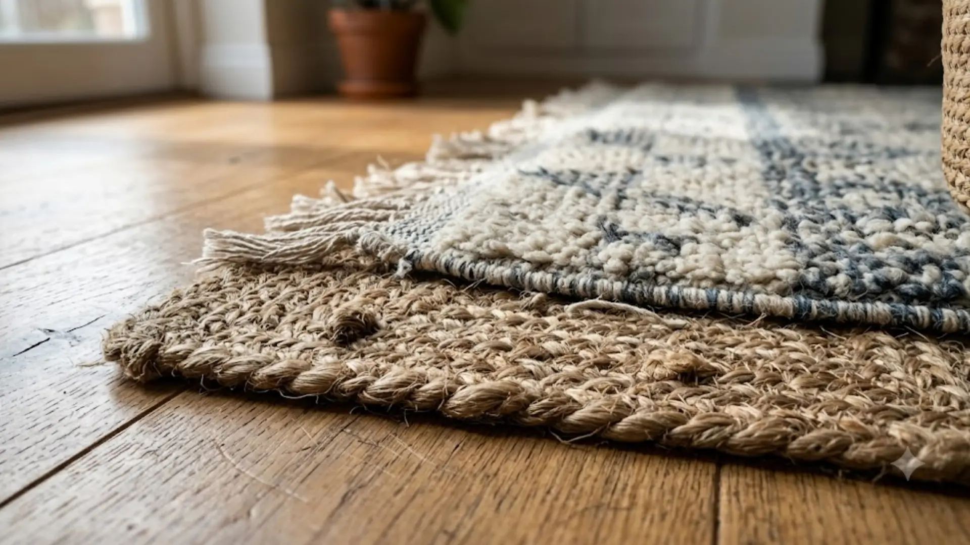 close-up of a blue and white wool rug with fringe layered over a chunky jute rug on hardwood floor