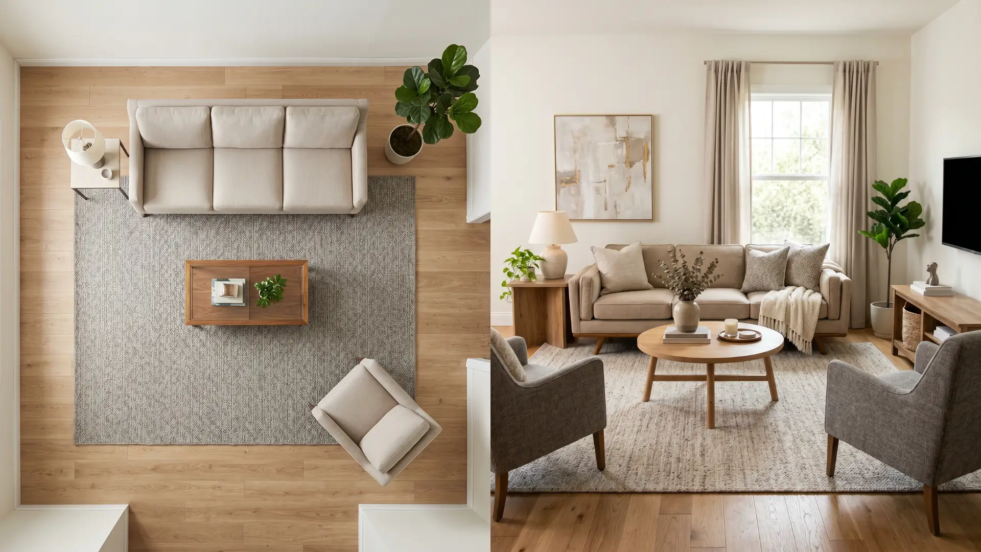split image showing a neutral-toned living room layout from a top-down view and a lifestyle view