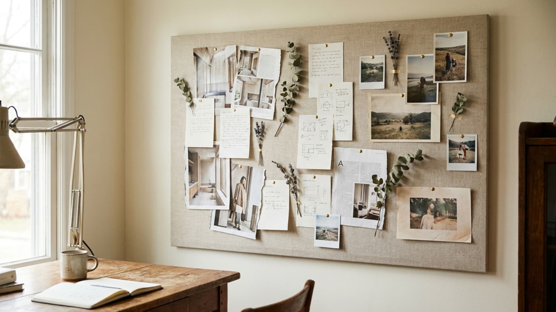 linen covered memo and inspiration board with clippings and notes in home office