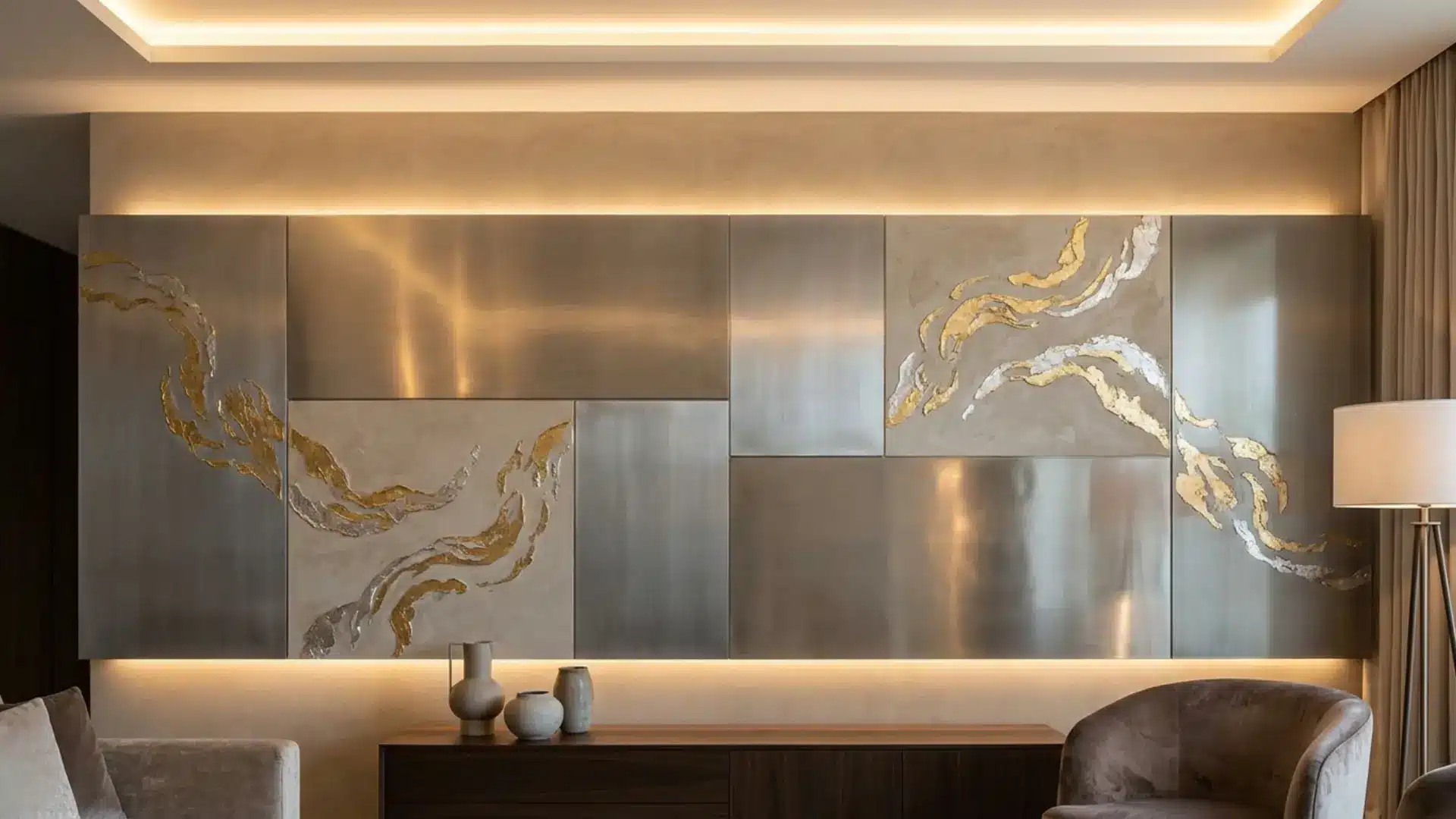metallic leaf wall panel in gold tones displayed on dark interior wall