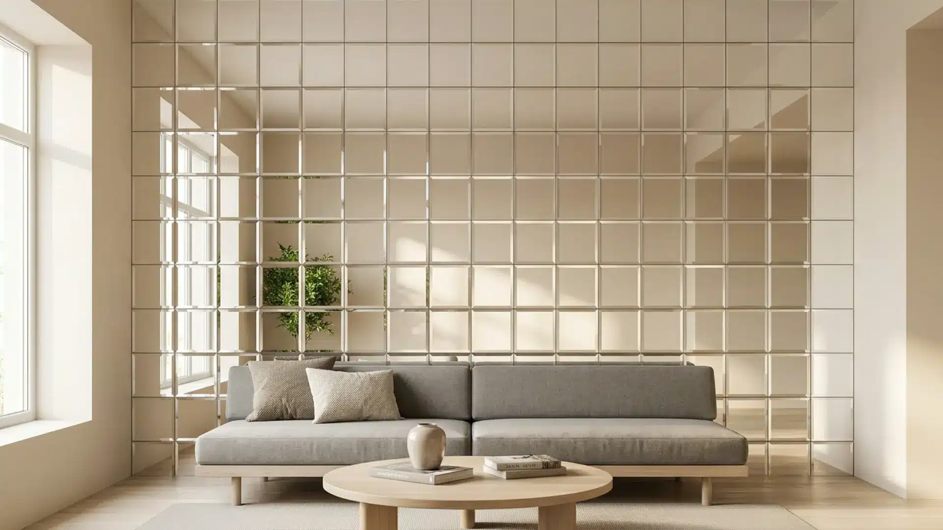 mirror tile grid display arranged in symmetrical pattern on bedroom wall
