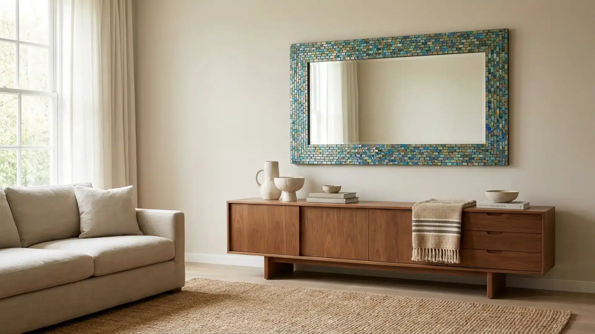 mosaic mirror frame with colorful tile pieces mounted on white bathroom wall