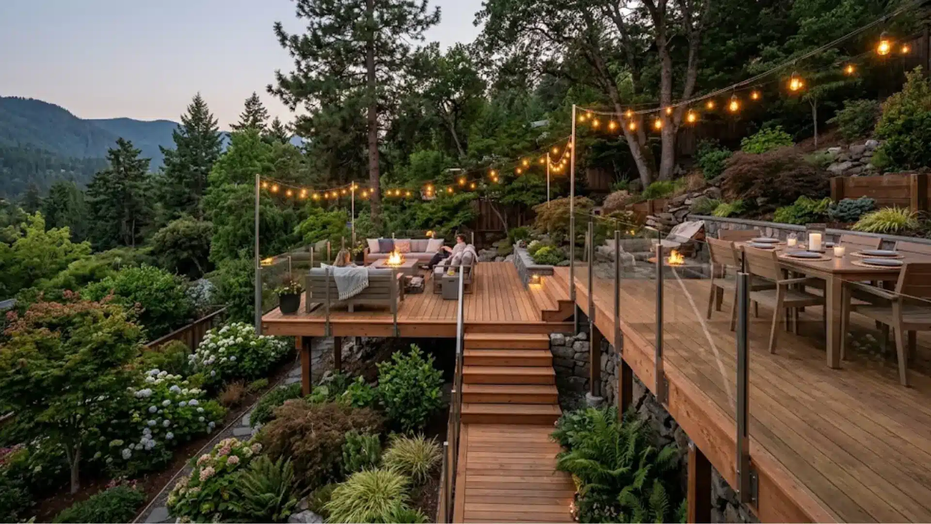 multi-level wood deck with glass railings, lounge seating, dining area, and string lights on a hillside at dusk 