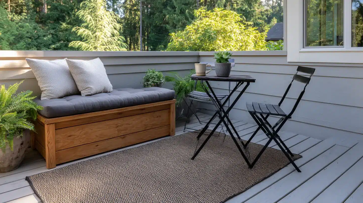 small outdoor deck with teak storage bench foldable chairs and charcoal rug on composite wood