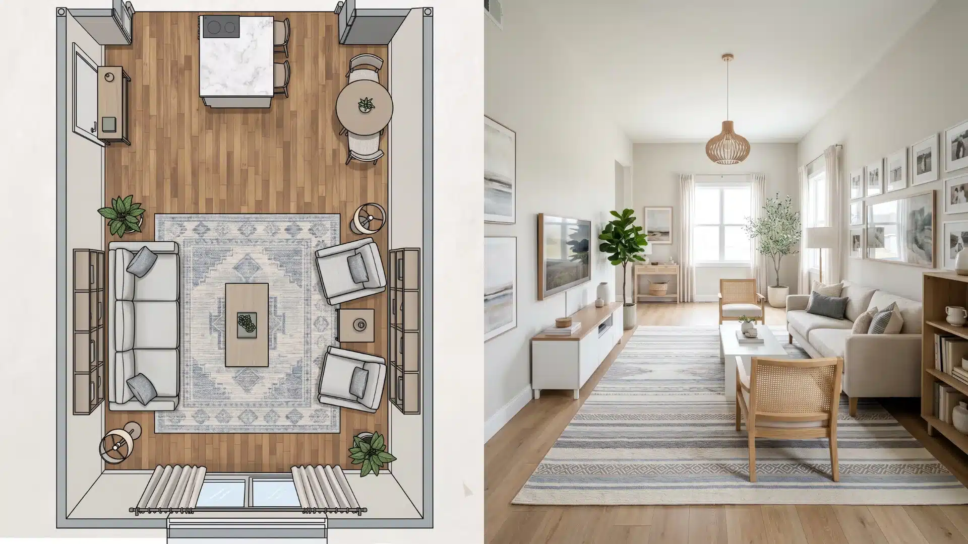 a living room, featuring a floor plan that outlines the room's dimensions and layout