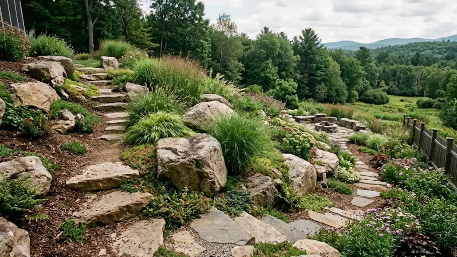 natural boulder landscape on a hillside slope with stone steps, ornamental grasses, and flagstone pathway