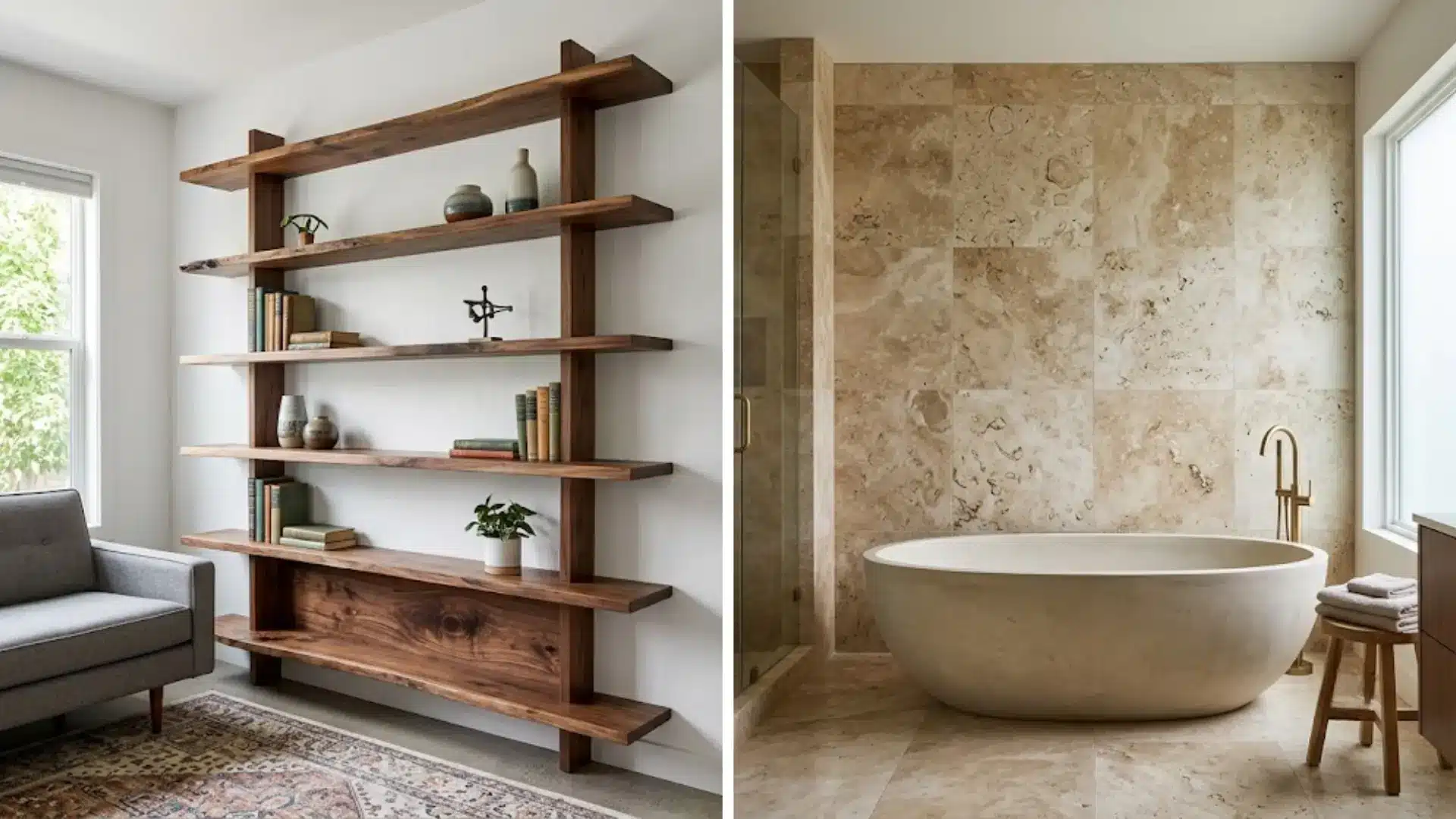 split image of live-edge walnut shelving in a living room and travertine stone wall behind a freestanding tub