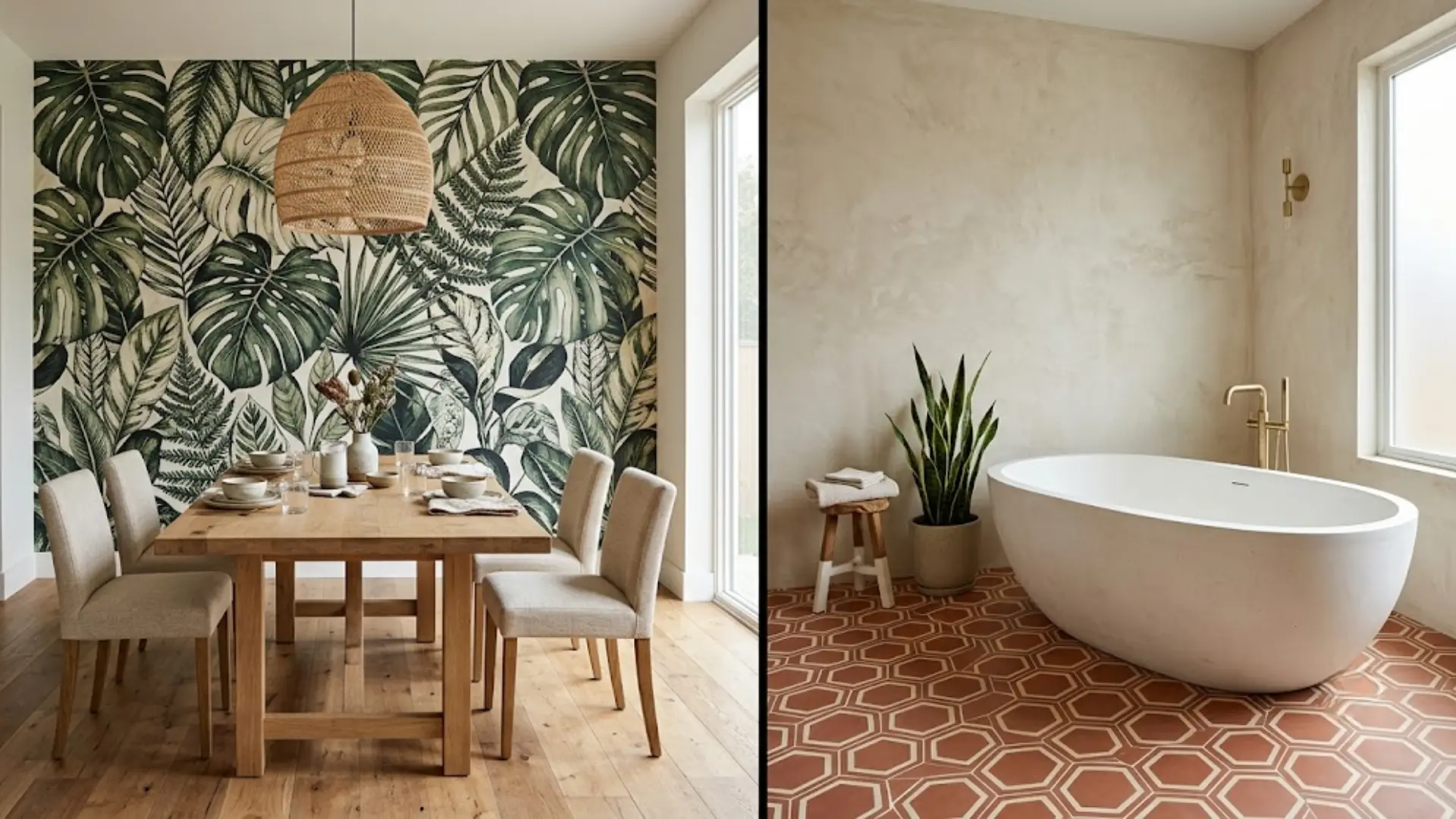 split image of botanical wallpaper dining room and honeycomb terracotta tile bathroom with freestanding tub