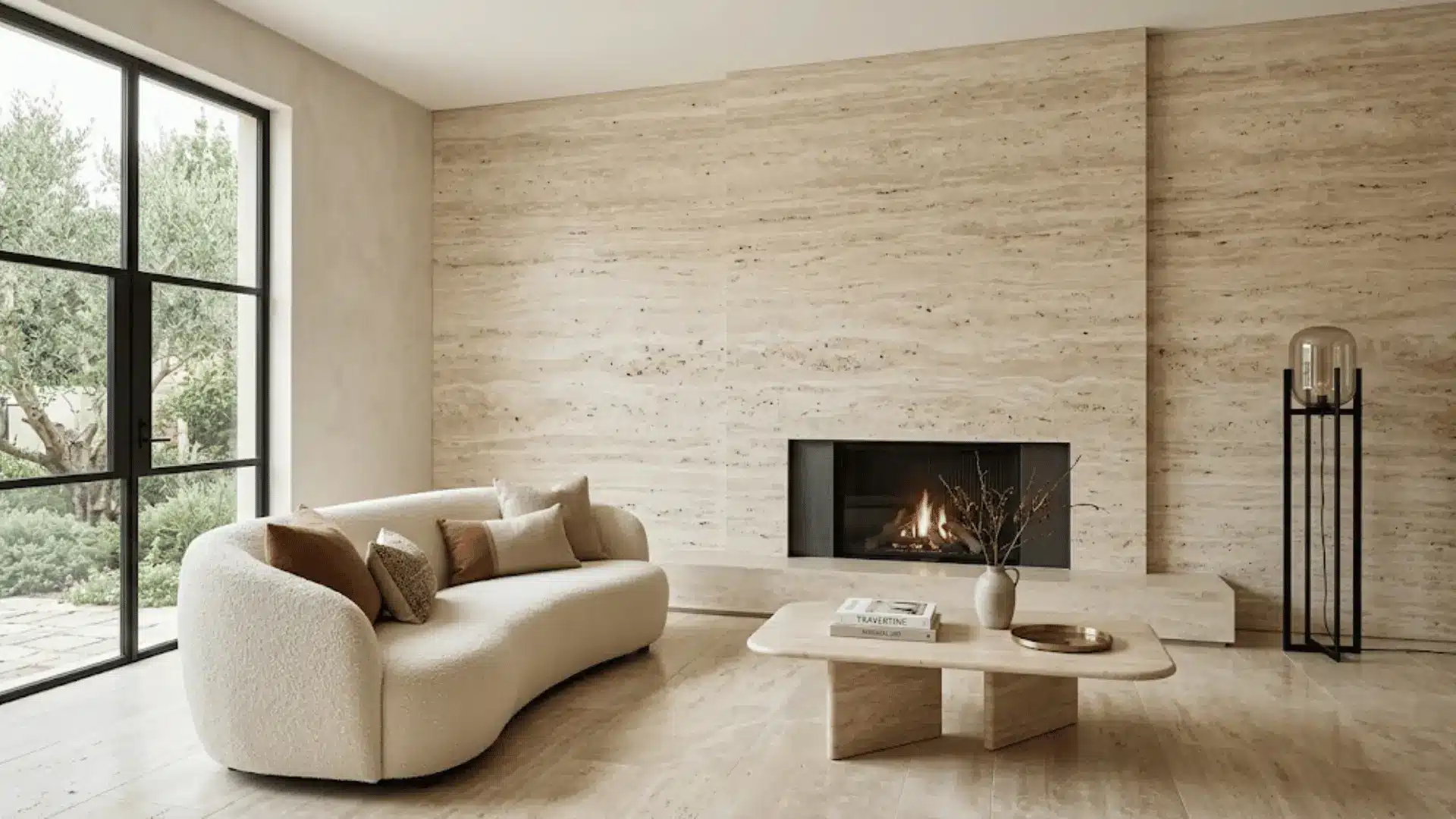 full height travertine stone feature wall with natural veining in a cream living room