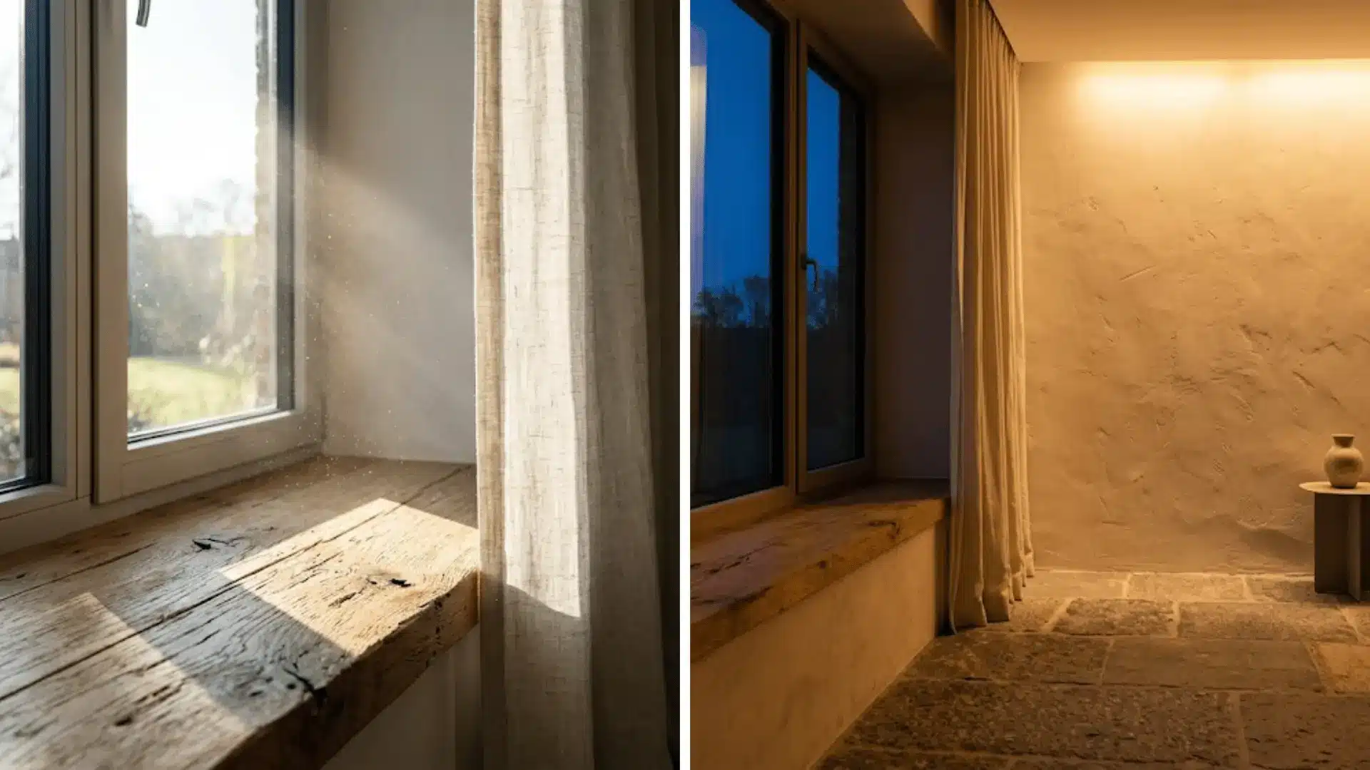 split image of natural morning light through linen curtains and warm evening circadian lighting on stone floor
