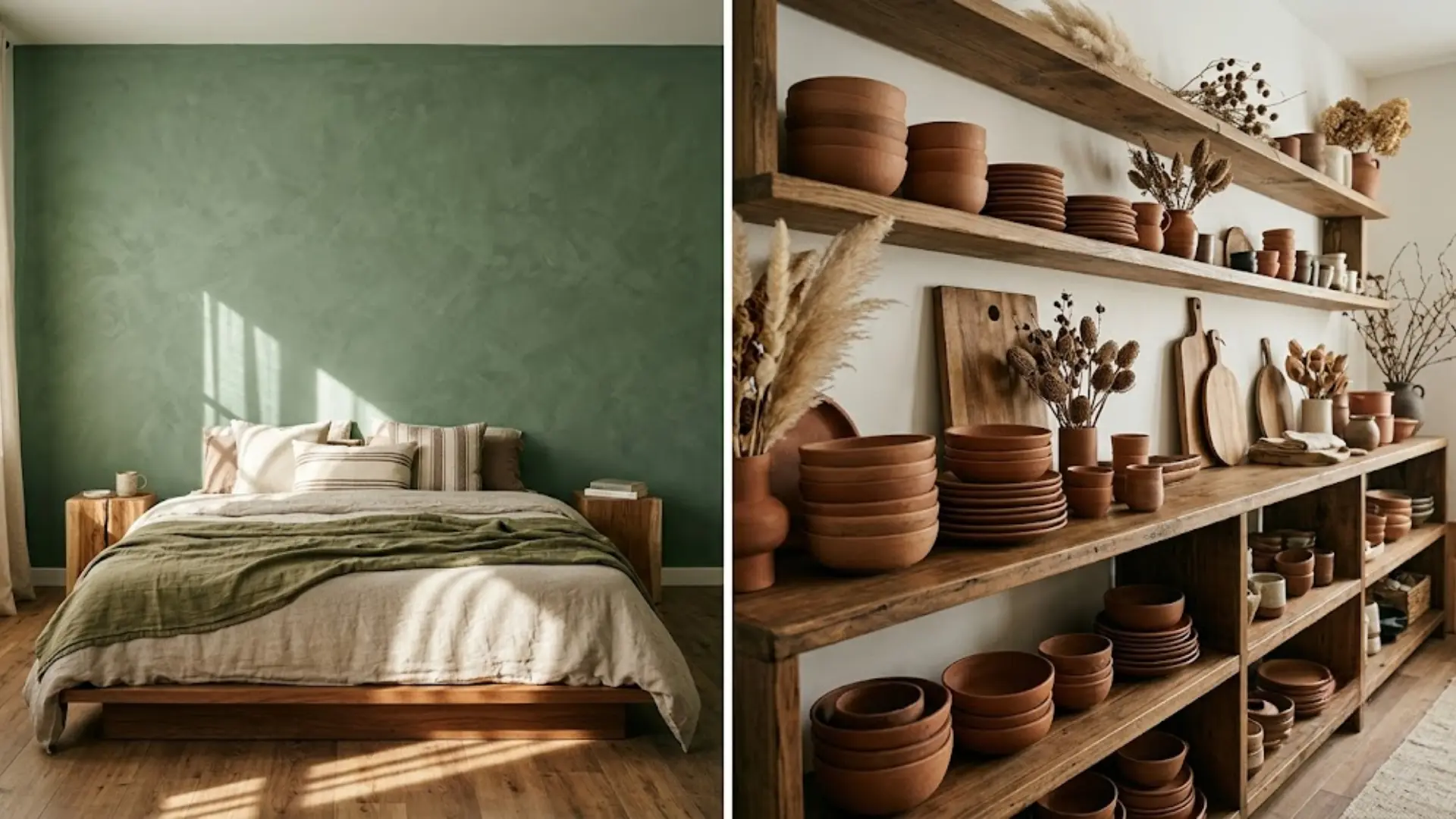 split image of sage green bedroom with linen bedding and terracotta ceramic shelf arrangement in warm tones