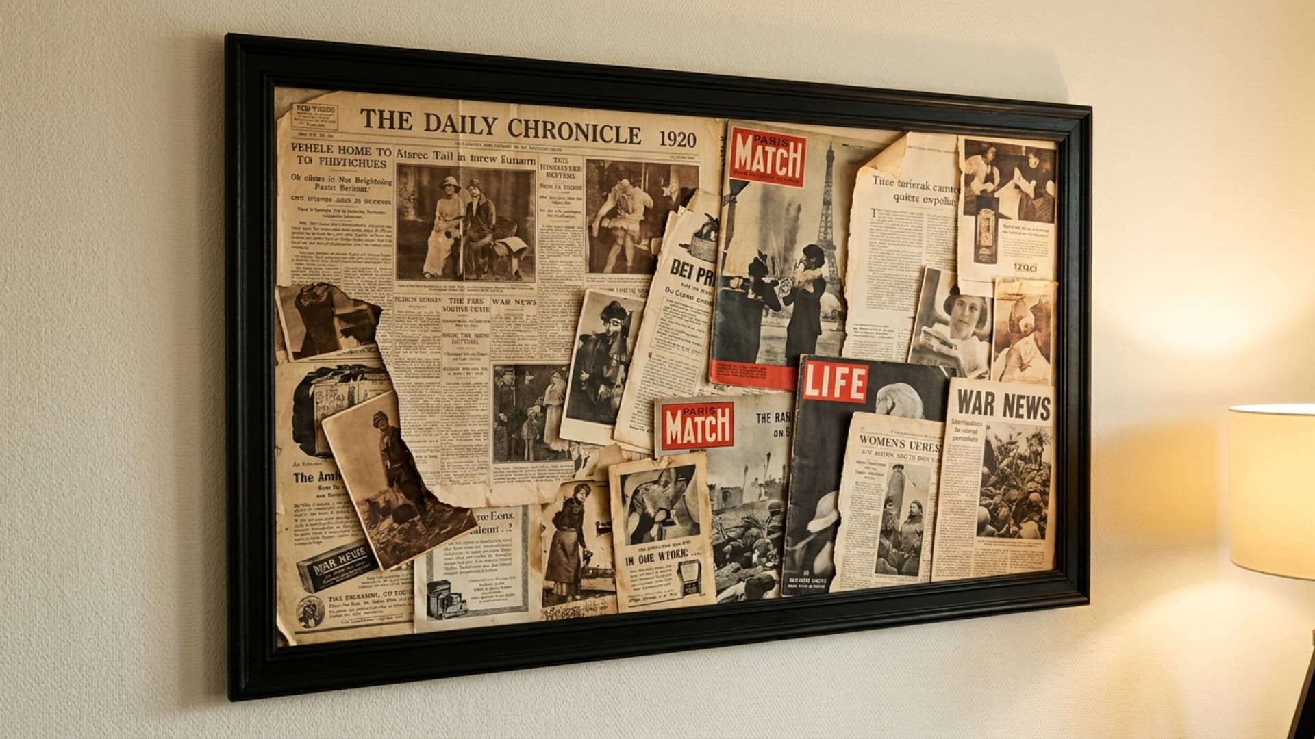 newspaper and magazine collage framed as diy wall art on eclectic workspace wall