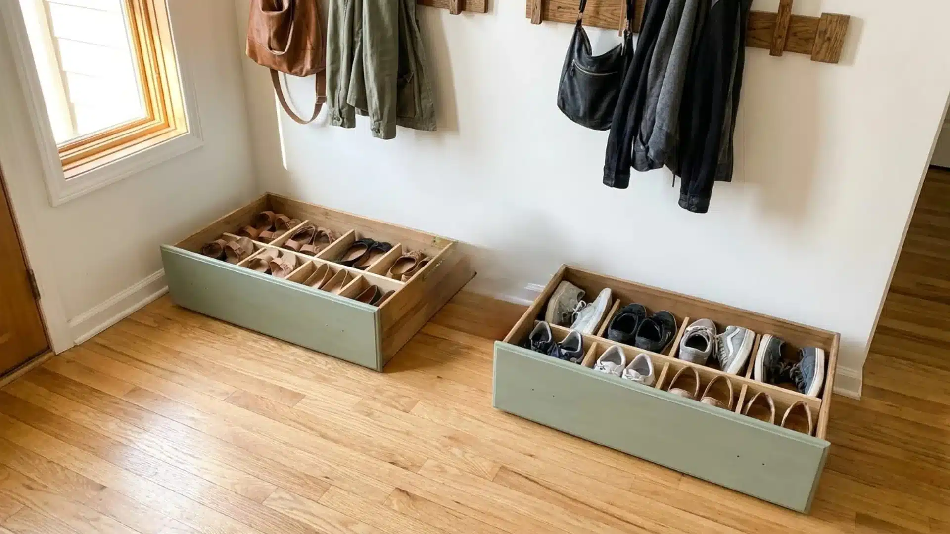 two wooden shoe racks filled with various shoes, showcasing a practical storage solution for an organized entryway