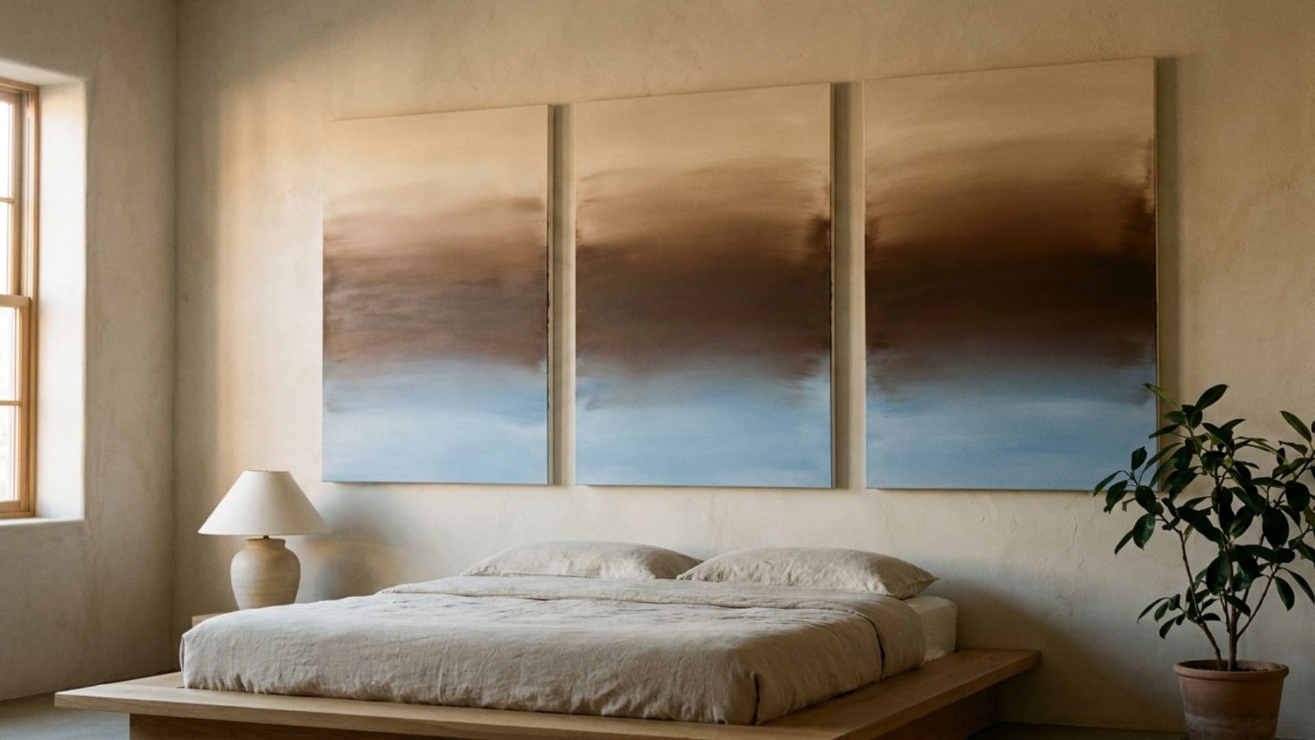 ombre painted canvas panels in blush to white gradient mounted on living room wall