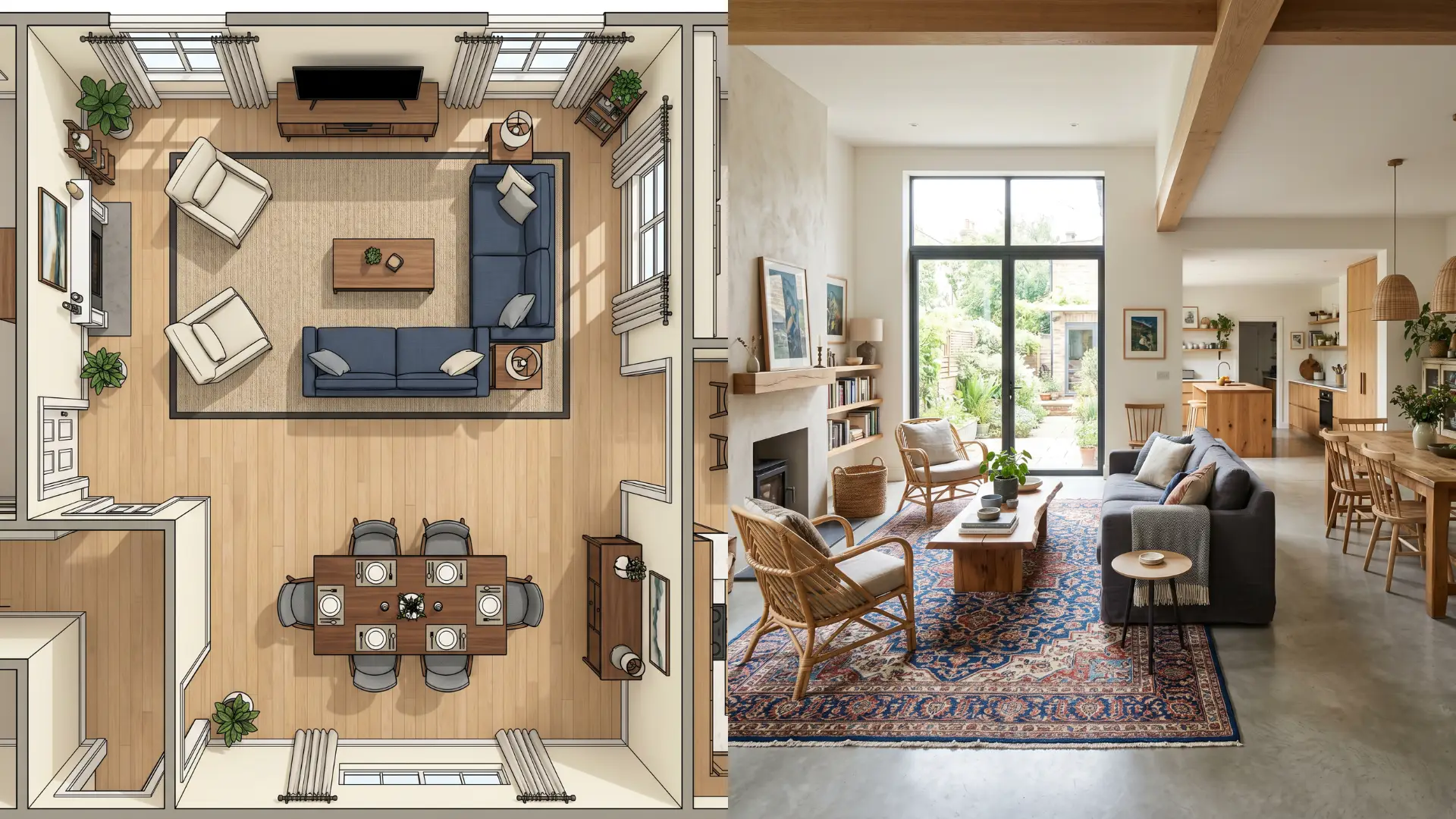 floor plan depicting a open layout of a living room and dining room, showcasing room dimensions and arrangement