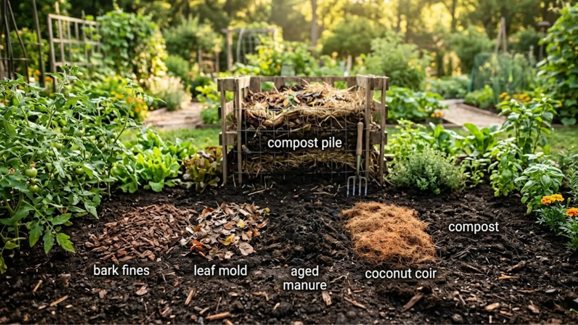 organic soil conditioners including bark fines, leaf mold, aged manure, coconut coir, and compost in a garden bed