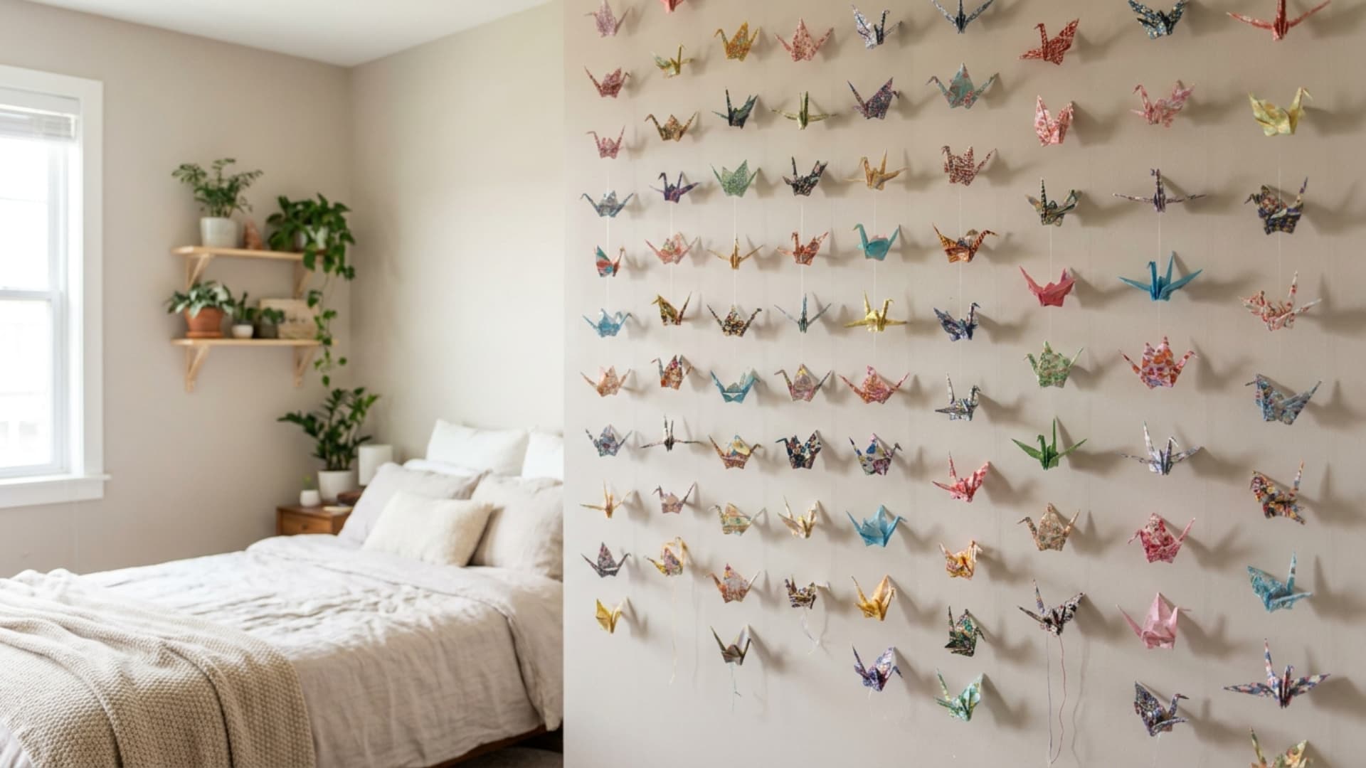 origami wall installation with folded paper shapes arranged on white wall