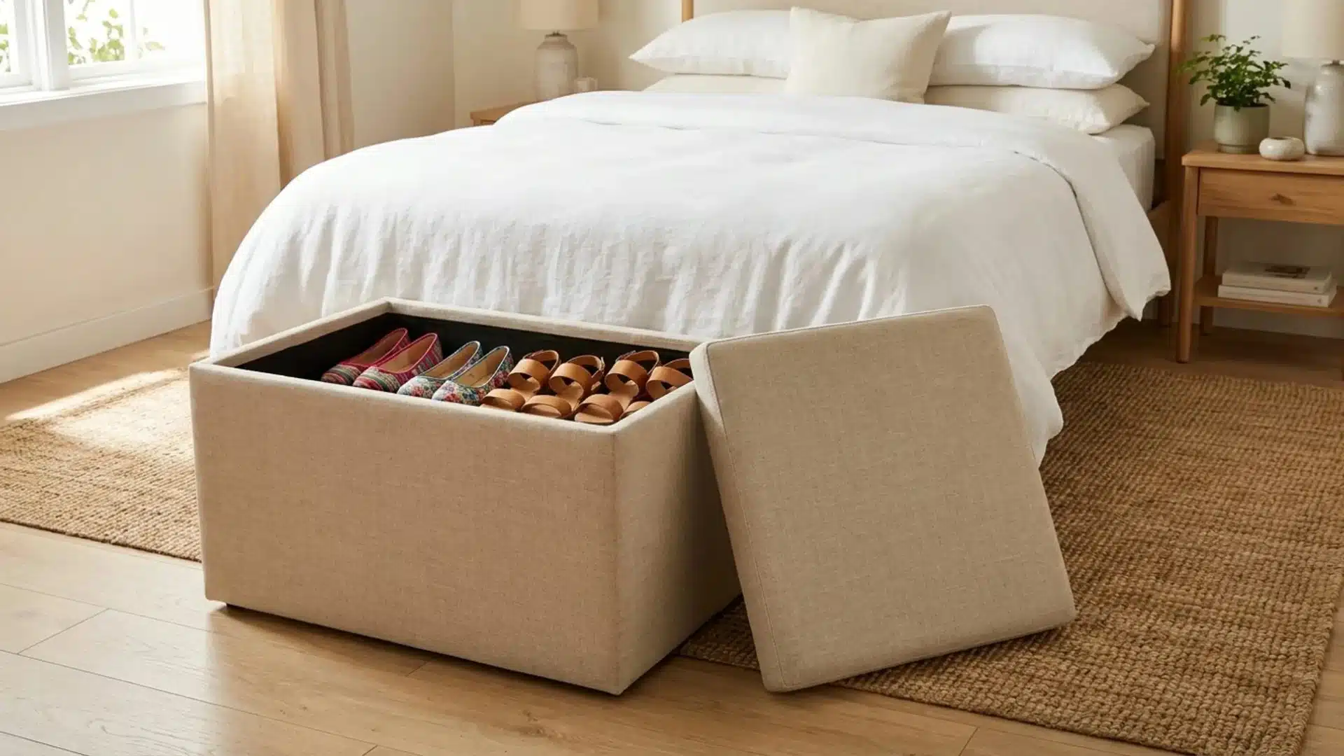 a bed with a storage box underneath containing a shoe rack filled with various pairs of shoes arranged neatly inside