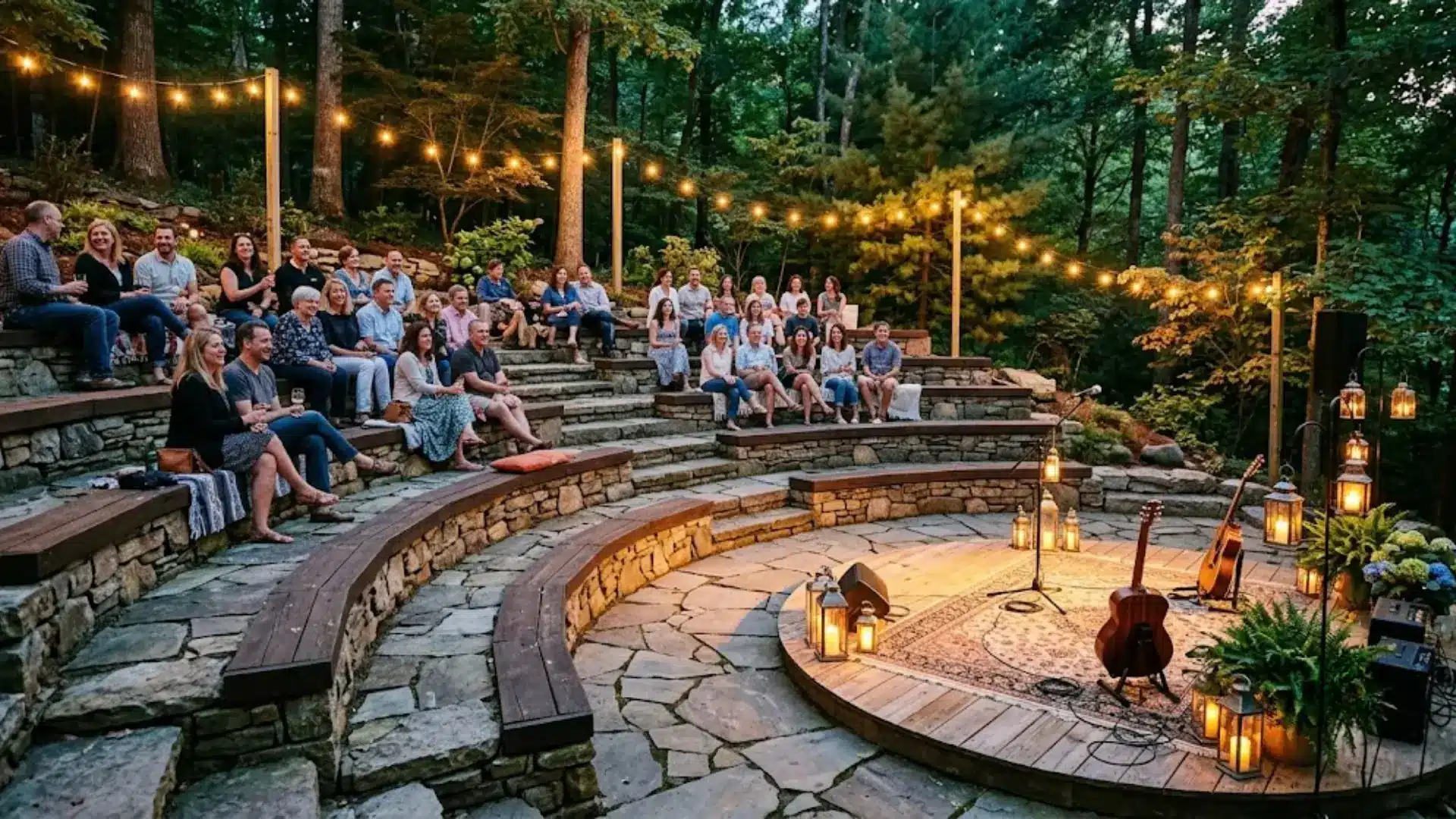 outdoor stone amphitheater with tiered seating, string lights, and guitar on stage during an evening gathering
