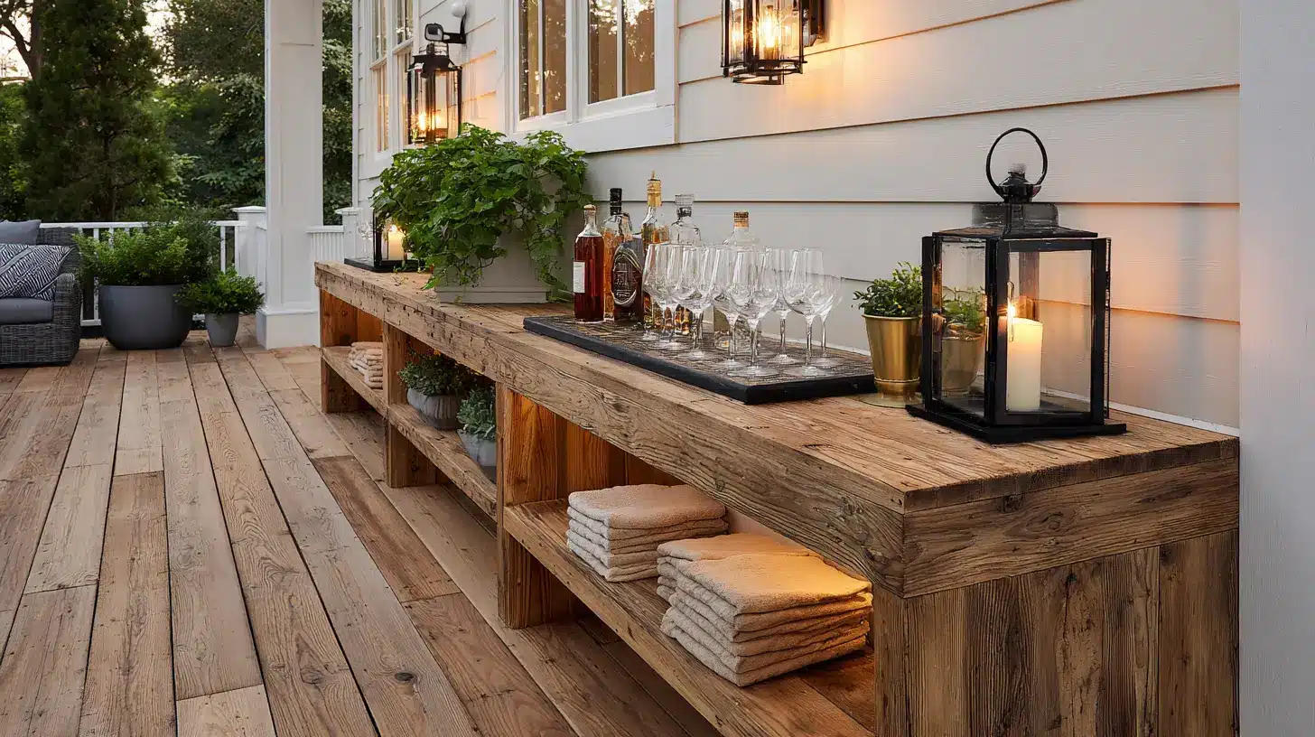 styled teak beverage station with brass lantern and wall sconces glowing on a complete deck at dusk