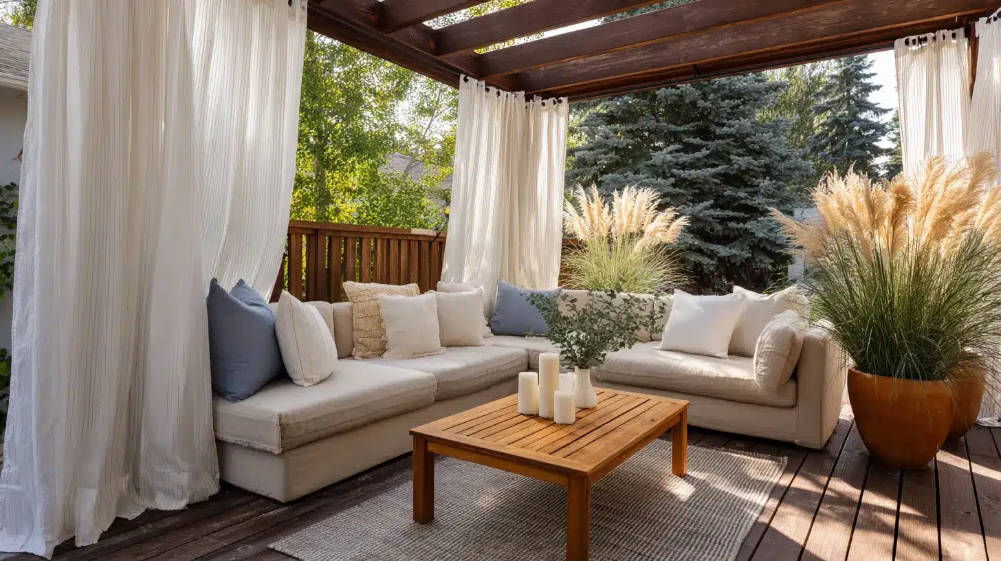 sheer off-white outdoor curtains on pergola framing linen sofa and teak coffee table on covered deck