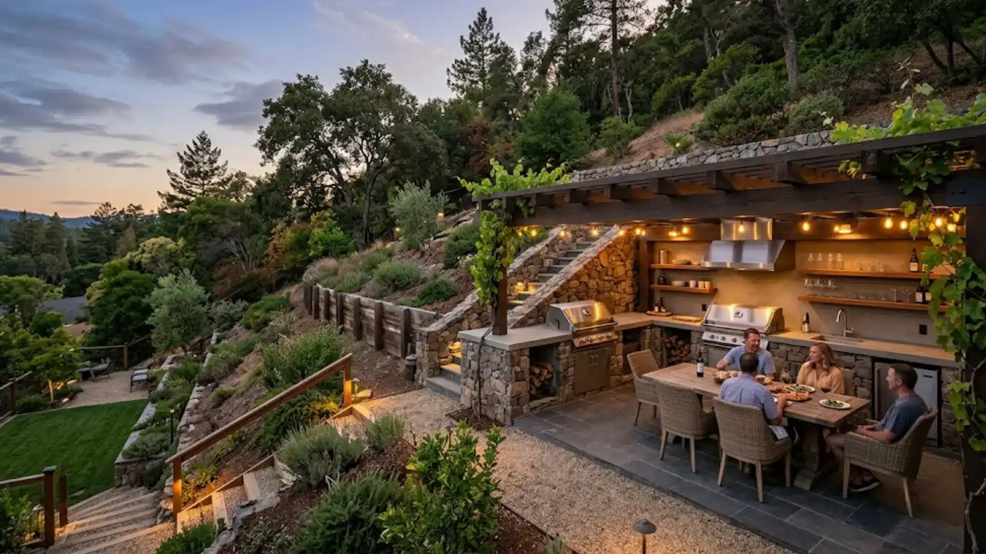 covered outdoor kitchen on a hillside terrace with built-in grill, bar shelving, and people dining at dusk