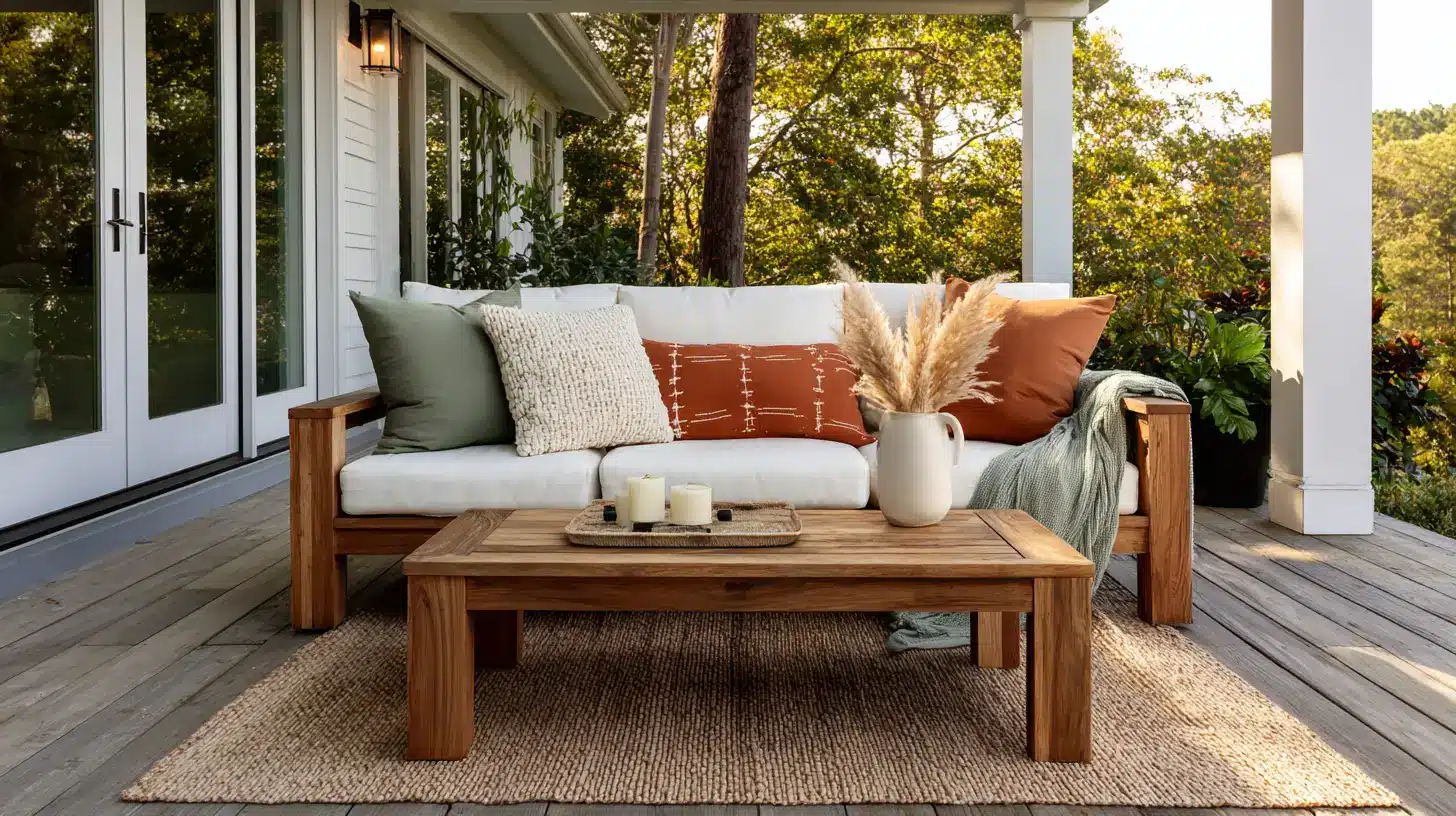 outdoor sofa with sage green terracotta and cream throw pillows on a natural wood deck