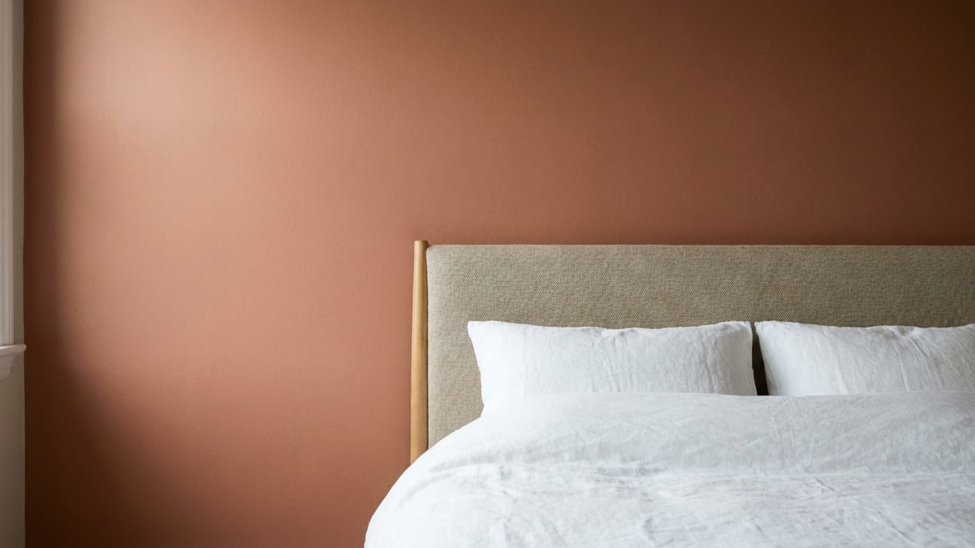 guest bed headboard against freshly painted dusty terracotta accent wall in small room