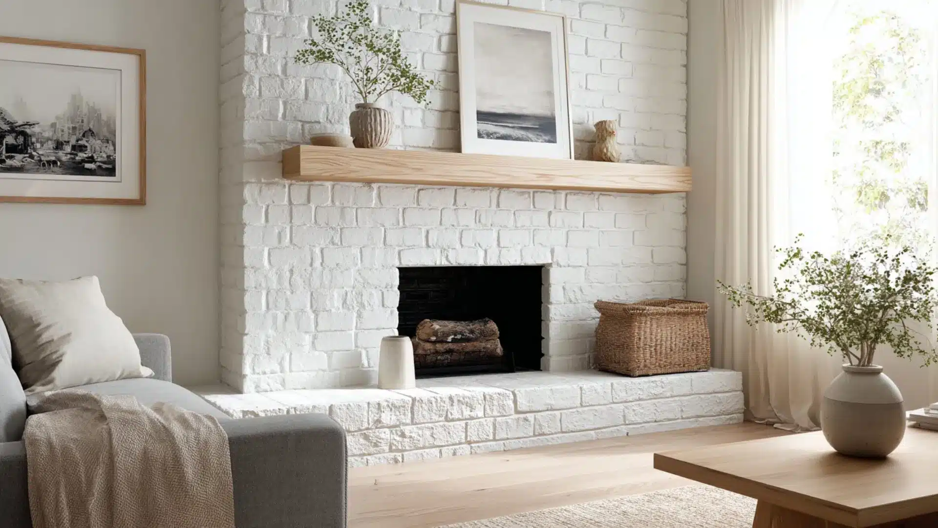 a cozy living room featuring a white brick fireplace with a warm ambiance and comfortable seating around it