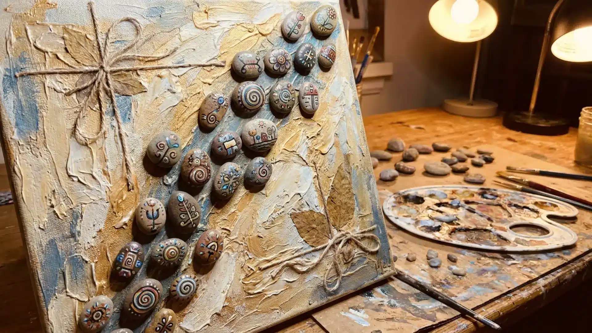 painted rock display arranged on canvas as diy wall decor in natural tones