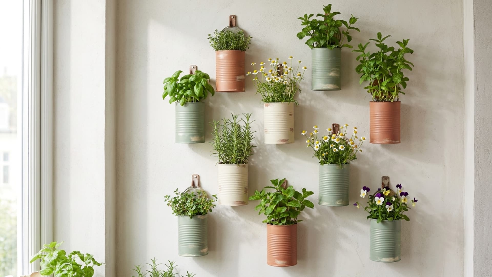 painted tin can wall vases with small flowers mounted in row on white kitchen wall