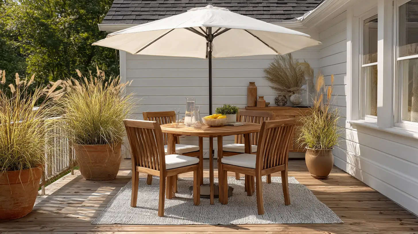 large off-white patio umbrella shading teak dining table and four chairs on a complete outdoor deck