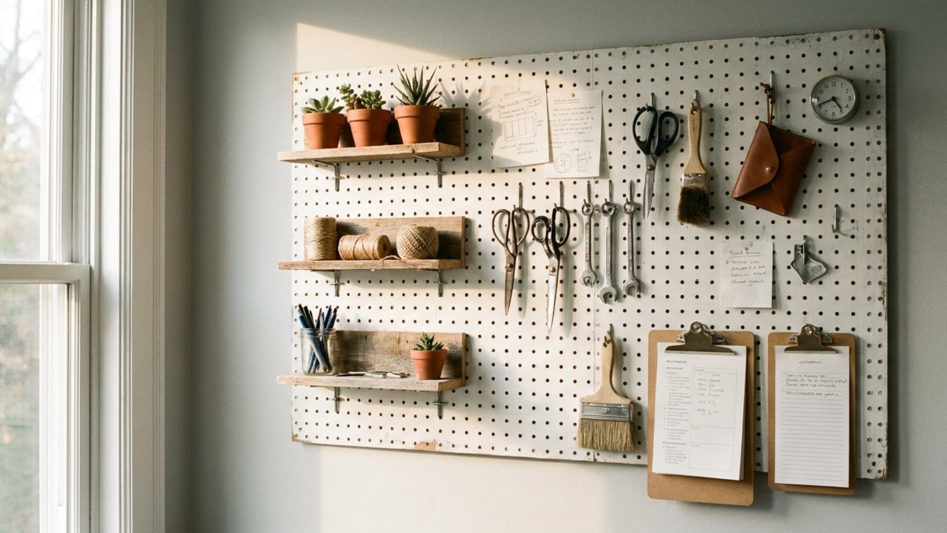 white pegboard organizer with shelves hooks and small plants on home office wall