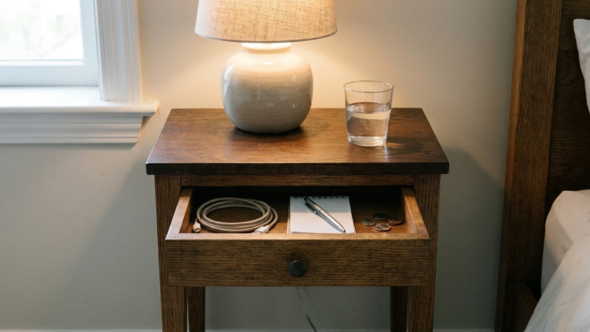wooden nightstand with open drawer showing charging cable, notepad, and pen inside
