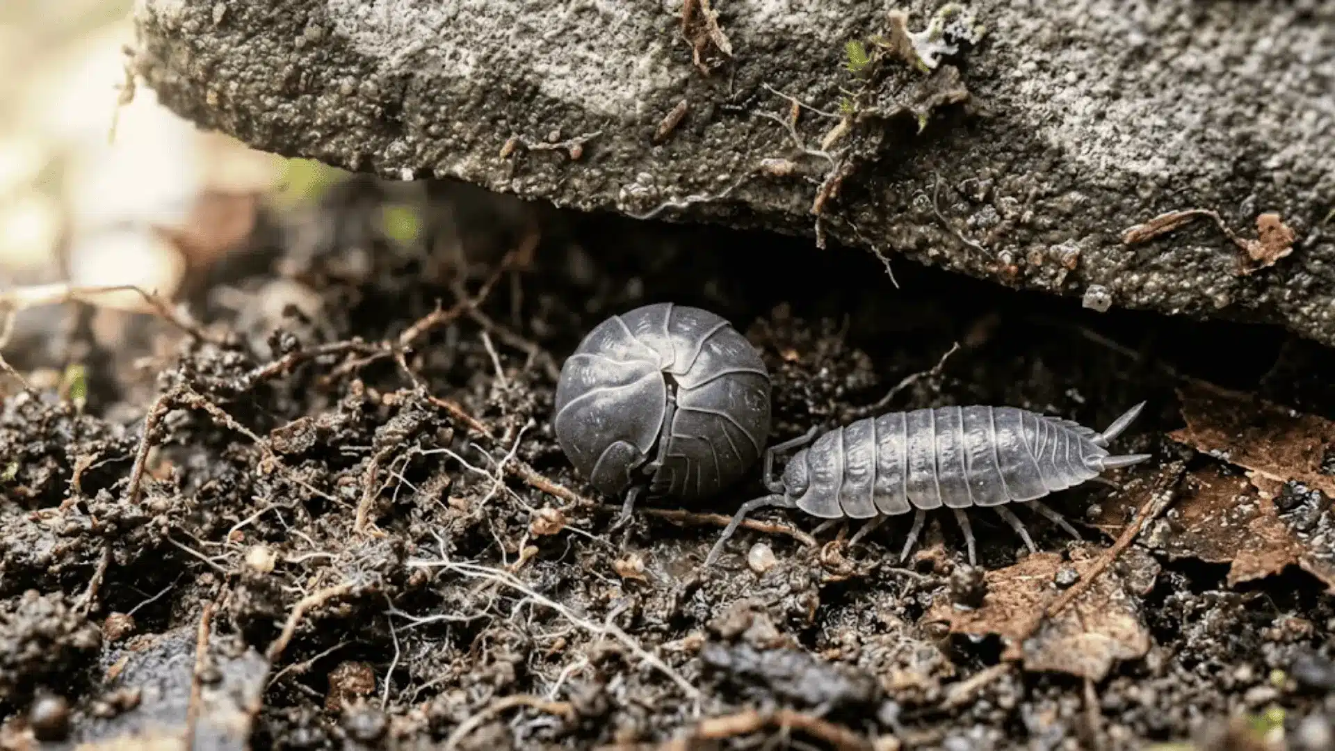 pill bug and sow bug on wet soil under a garden stone showing their different body postures