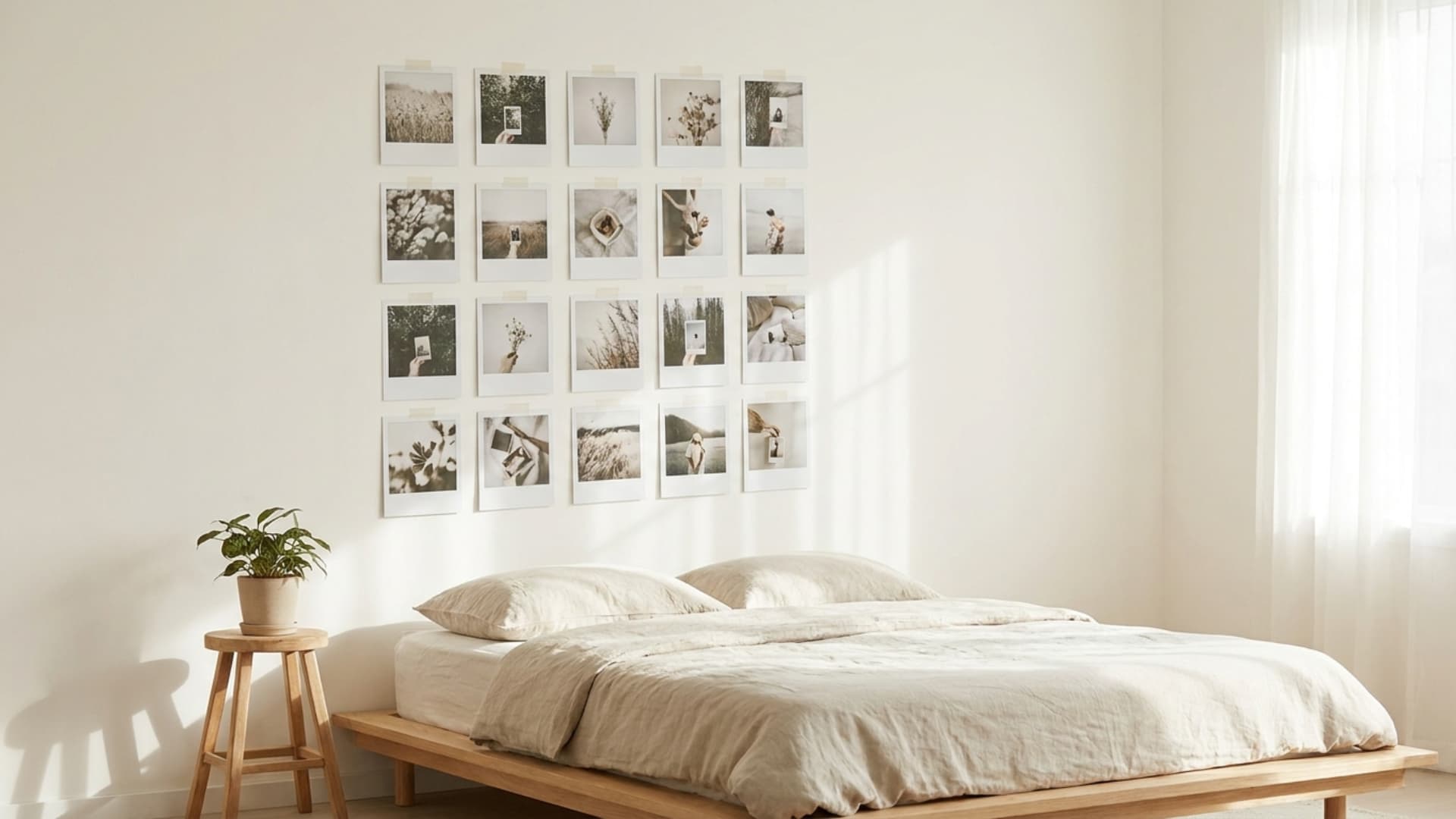 polaroid grid gallery wall with printed photos arranged in rows on white wall