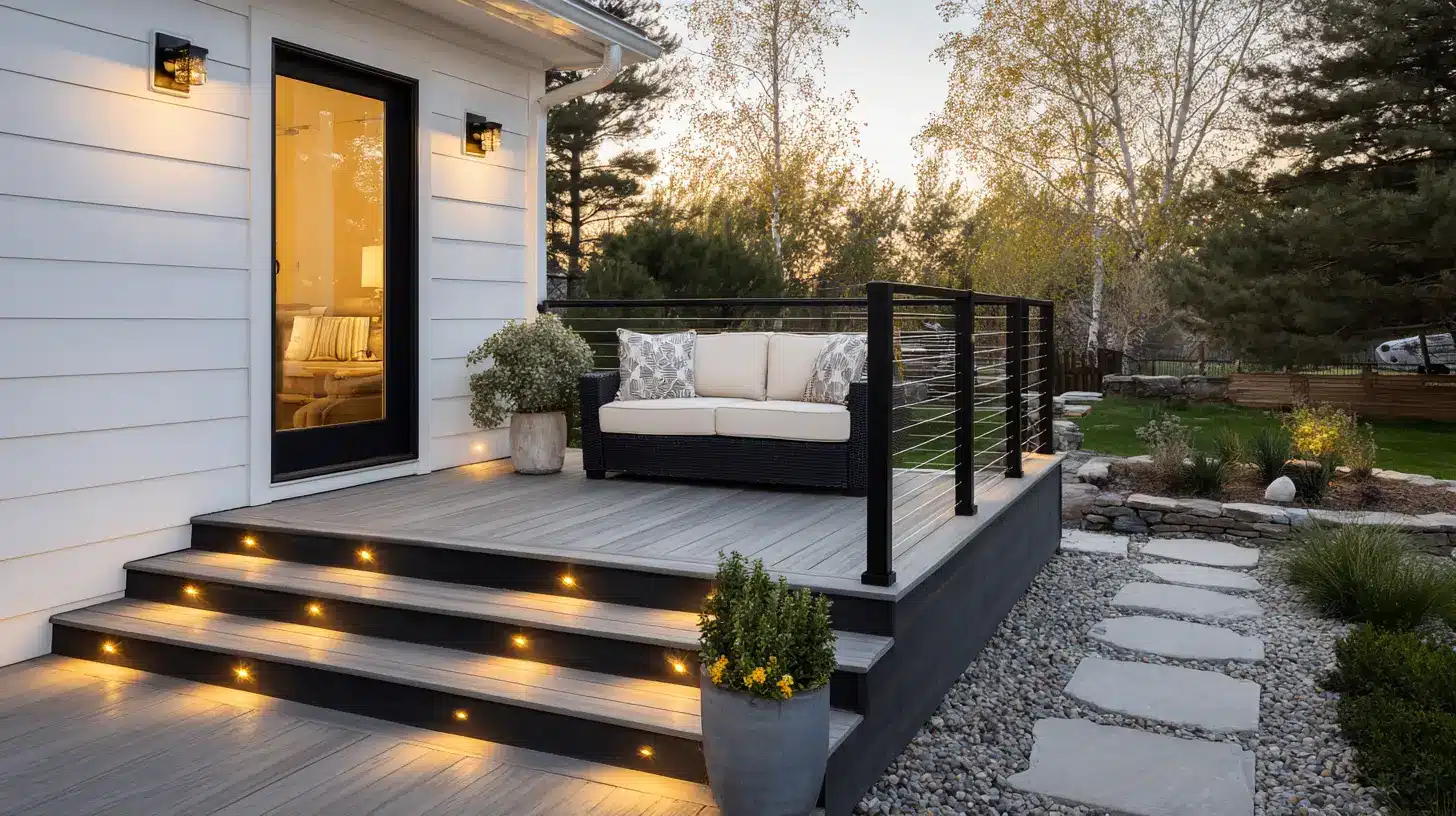 matte black post cap lights and railing lights glowing on a composite wood deck at early evening